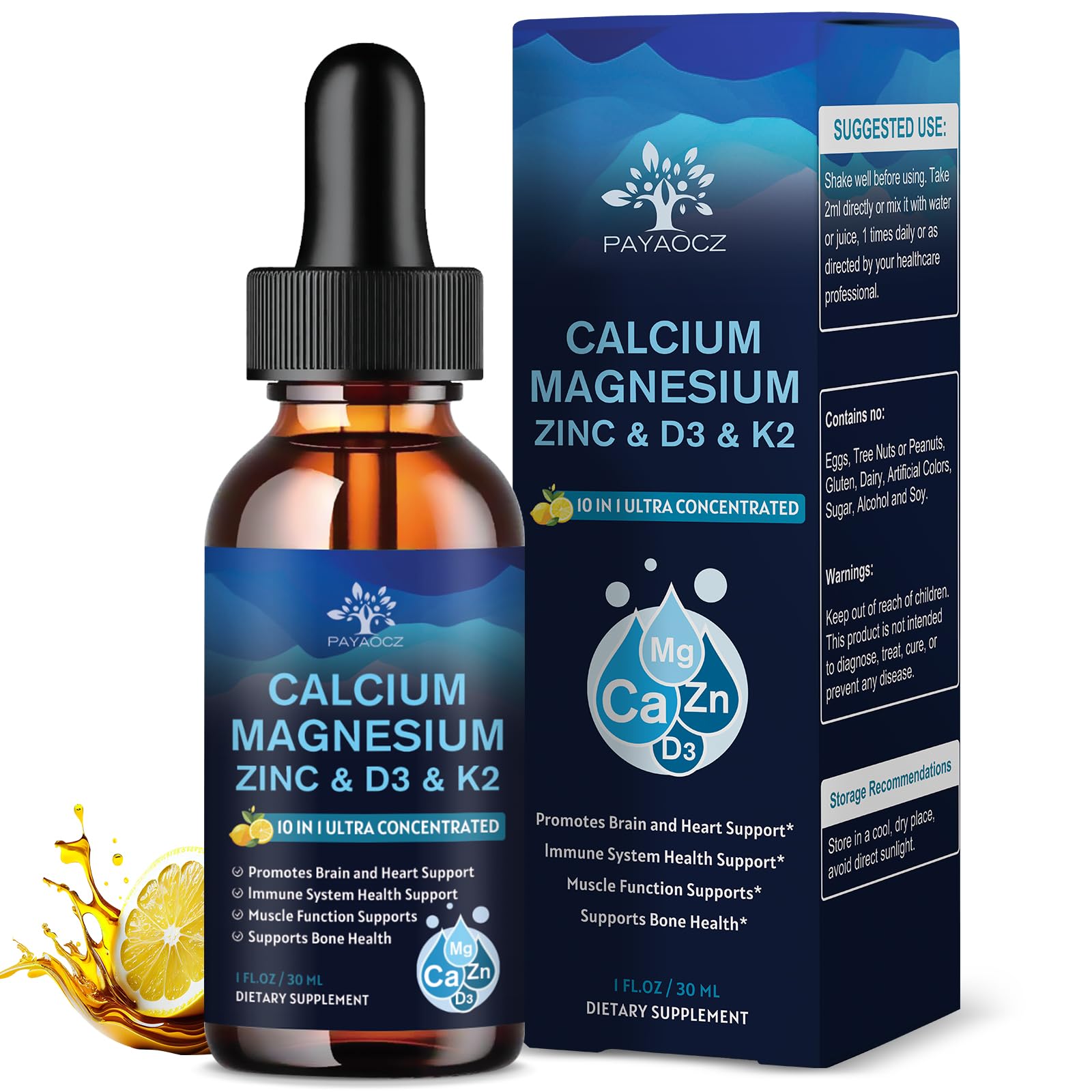 (2 Pack) 10 in 1 Magnesium Calcium Zinc Supplement with Vitamin C D3 K2, Glycinate Mag Vegan Liquid Drops Plus L-Theanine Boron Sea Moss Extract, Immune Support, Bone, Sleep & Leg Cramps, 1 Fl Oz