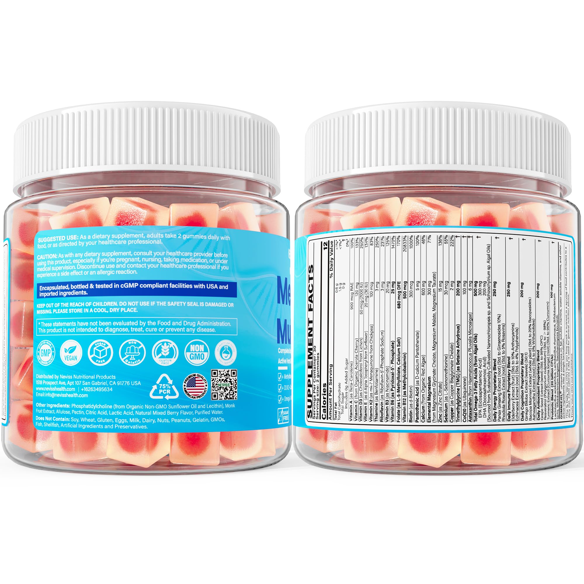 Methylated Multivitamin for Women & Men Gummies w/ Omega-3, Calcium, D3 K2, Methylfolate & B12, TMG, Daily Vitamin A, C, E, B Complex, Magnesium, CoQ10, Probiotic for Overall Health- Vegan, Sugar Free