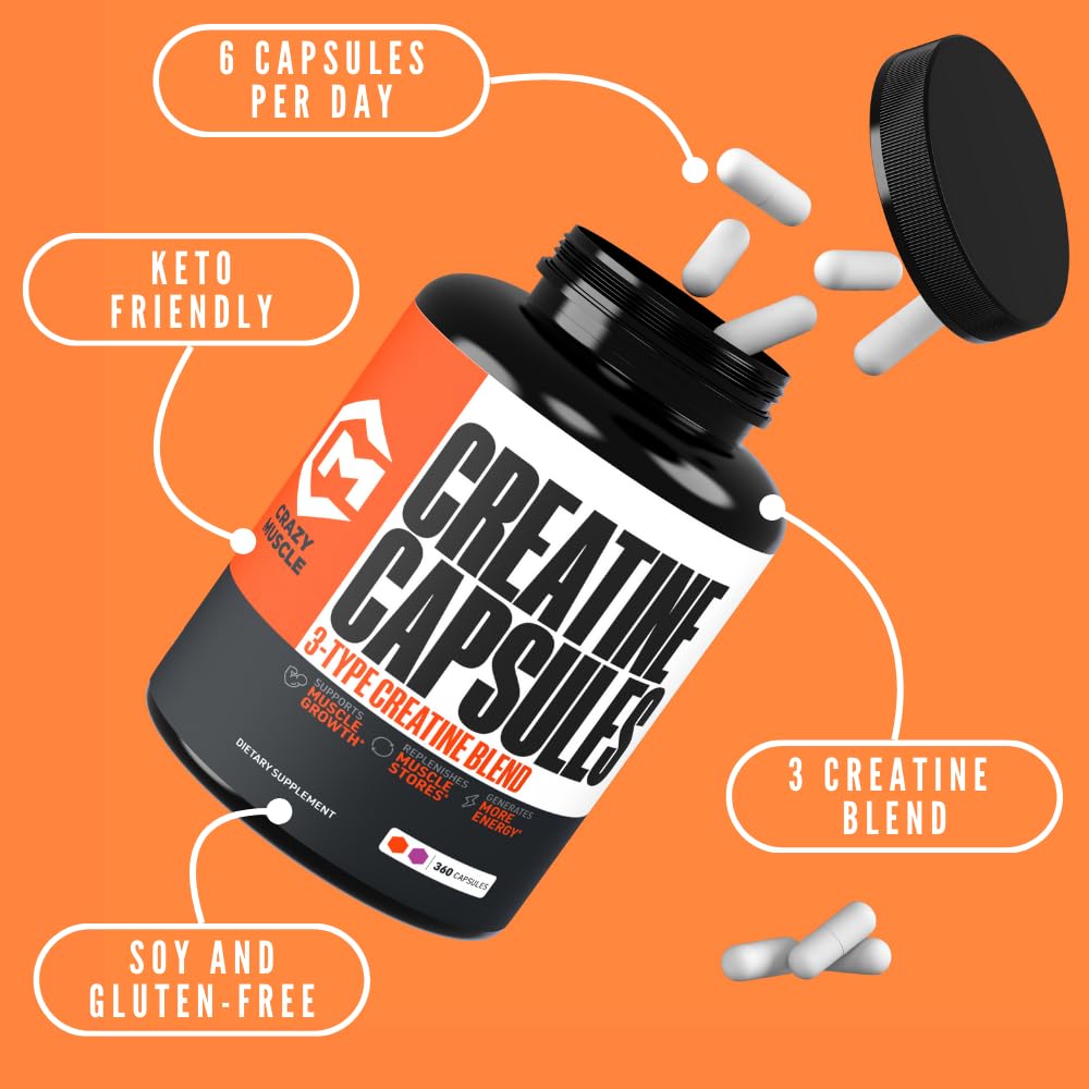 Crazy Muscle Creatine Capsules, 5g of Premium 3X ThreeAtine Pre Workout Bulk Mass Gainer, High Absorption Easy to Take Creatine Monohydrate, Optimum Performance for Men Women, 360 Capsules