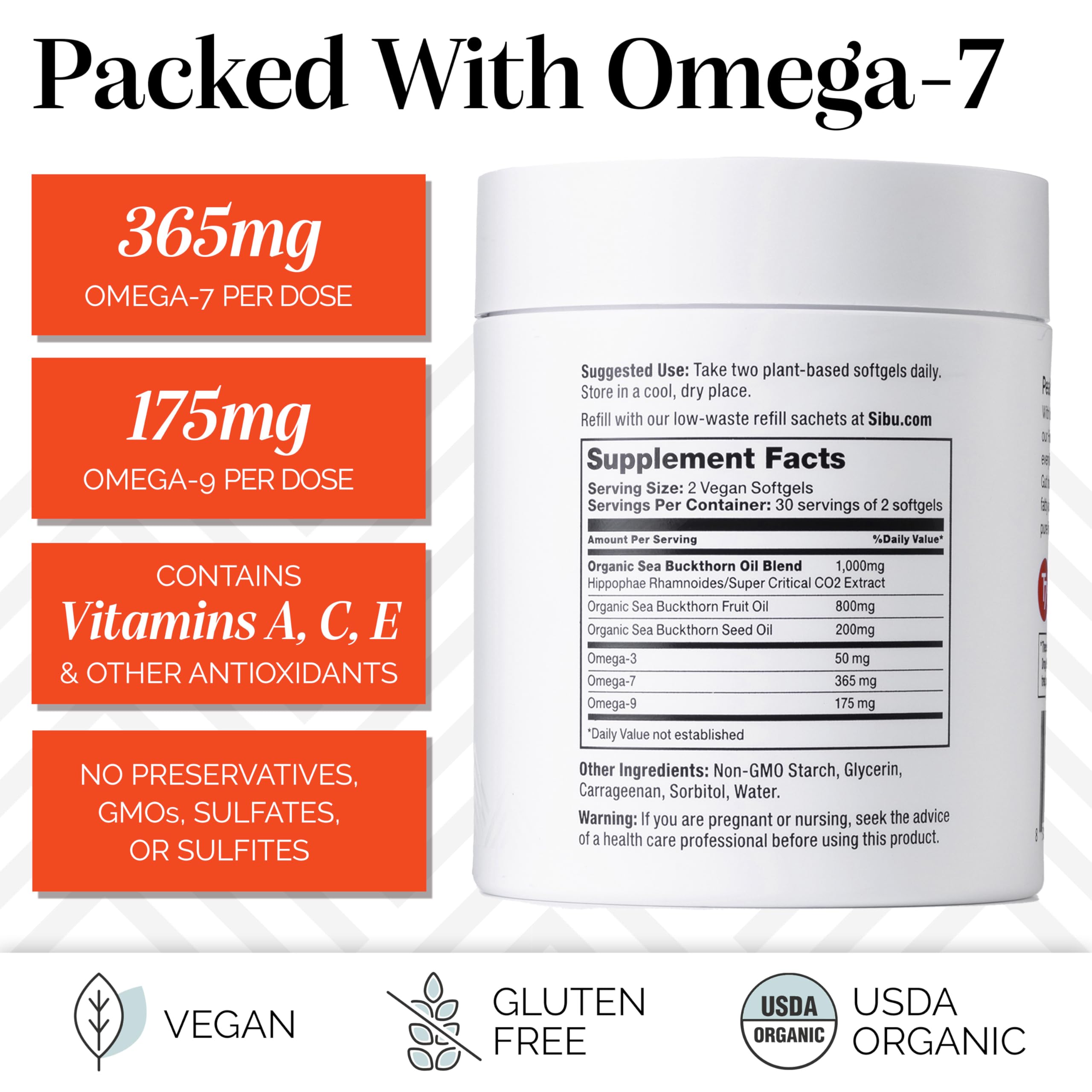 sibu Sea Buckthorn Omega-7 Softgels Starter Kit (60ct, 30 Day Supply) – Supplement for Healthy Skin, Hair, Nails and Dryness