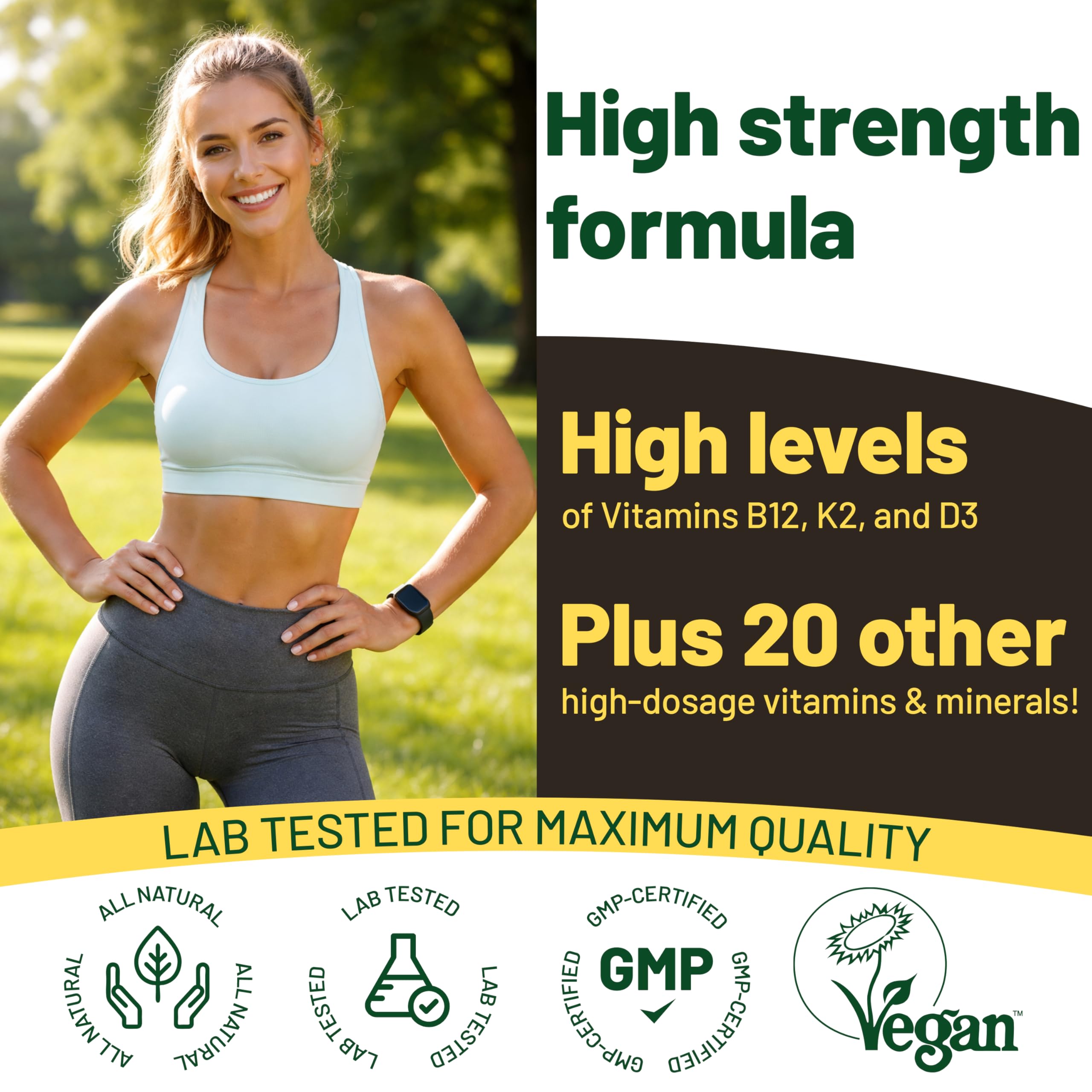 Vegan Vitality Multivitamins & Minerals for Women and Men with High Strength Vitamin B12, D3 & K2. 180 Vegan Multivitamin Tablets - 6 Months Supply. Vitamins for Vegans. Women Multivitamin