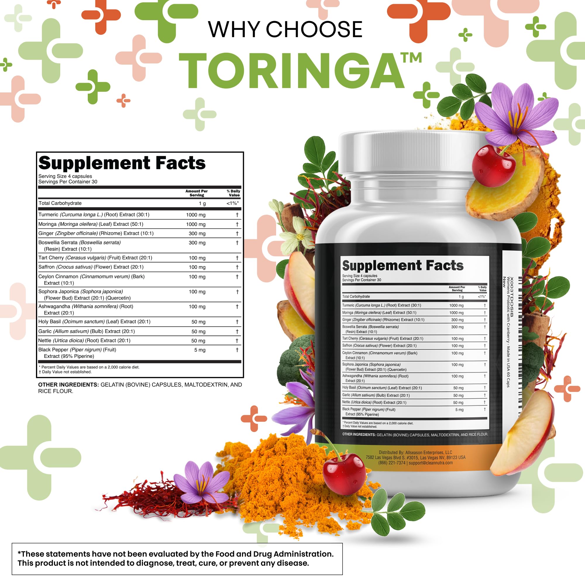 Clean Nutraceuticals Turmeric Moringa Supplement | Ginger Boswellia Saffron - Supplement for Women and Men with Ceylon Cinnamon, Tart Cherry, Quercetin Garlic Nettle Holy Basil - 1Pack