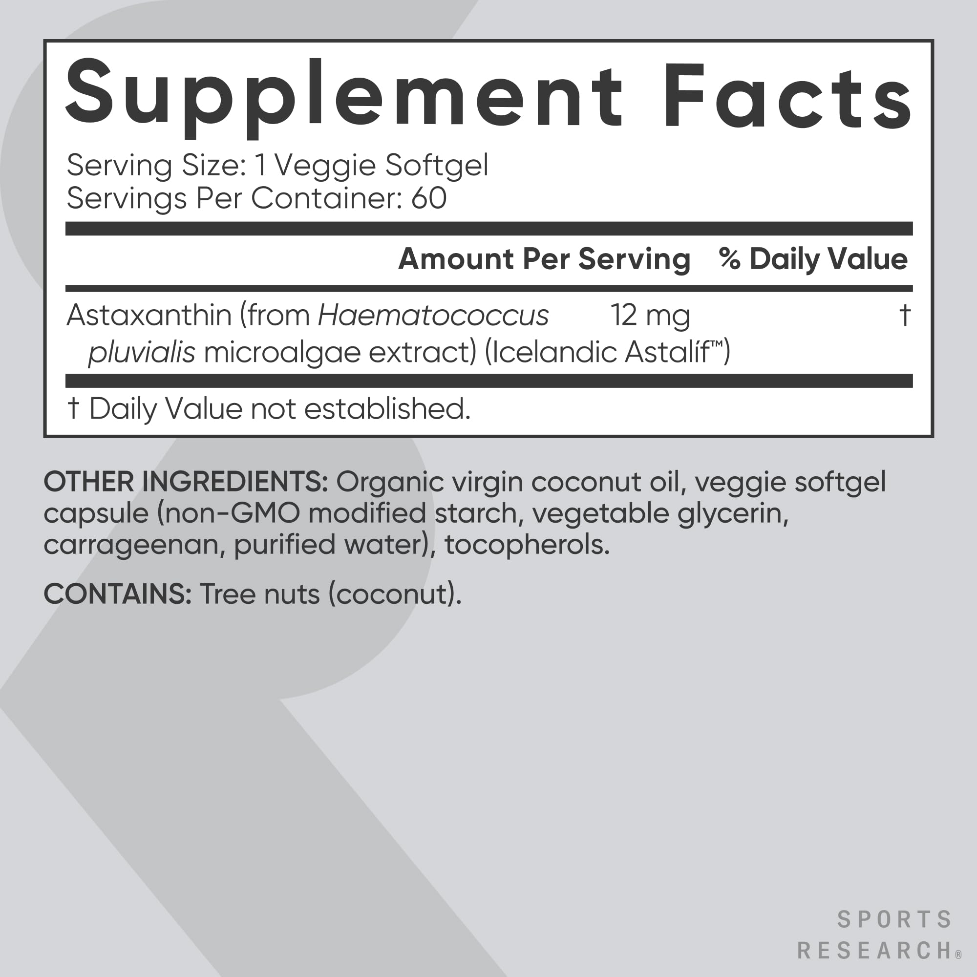 Sports Research Triple Strength Vegan Astaxanthin Supplement from Algae - Plant Based Softgels for Antioxidant Activity, Skin & Eye Health - Non-GMO Verified, Made with Coconut Oil - 12mg, 60 Count