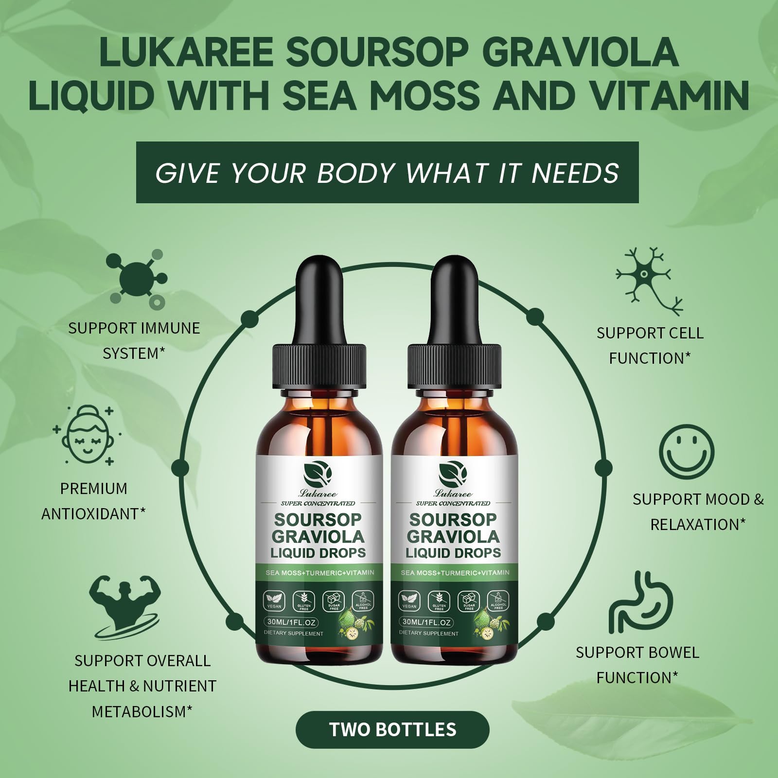(2 Pack) Soursop Graviola Leaf Extract Liquid Drop Plus Pure Botanical Sea Moss for Cell Support & Regeneration, Immunity and Gut Health, Soursop Bitters Liquid丨Full Texture, Natural Flavor, 1 Fl Oz