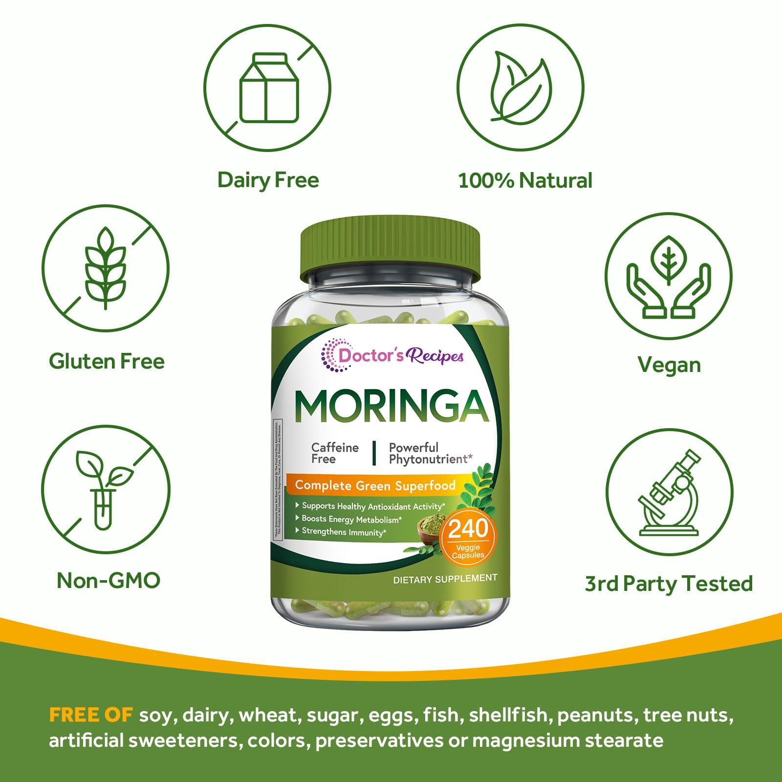 Doctor's Recipes Moringa, Complete Green Superfood, Natural Antioxidant Support, Non-GMO, 240 Vegan Caps, No Caffeine Soy Gluten