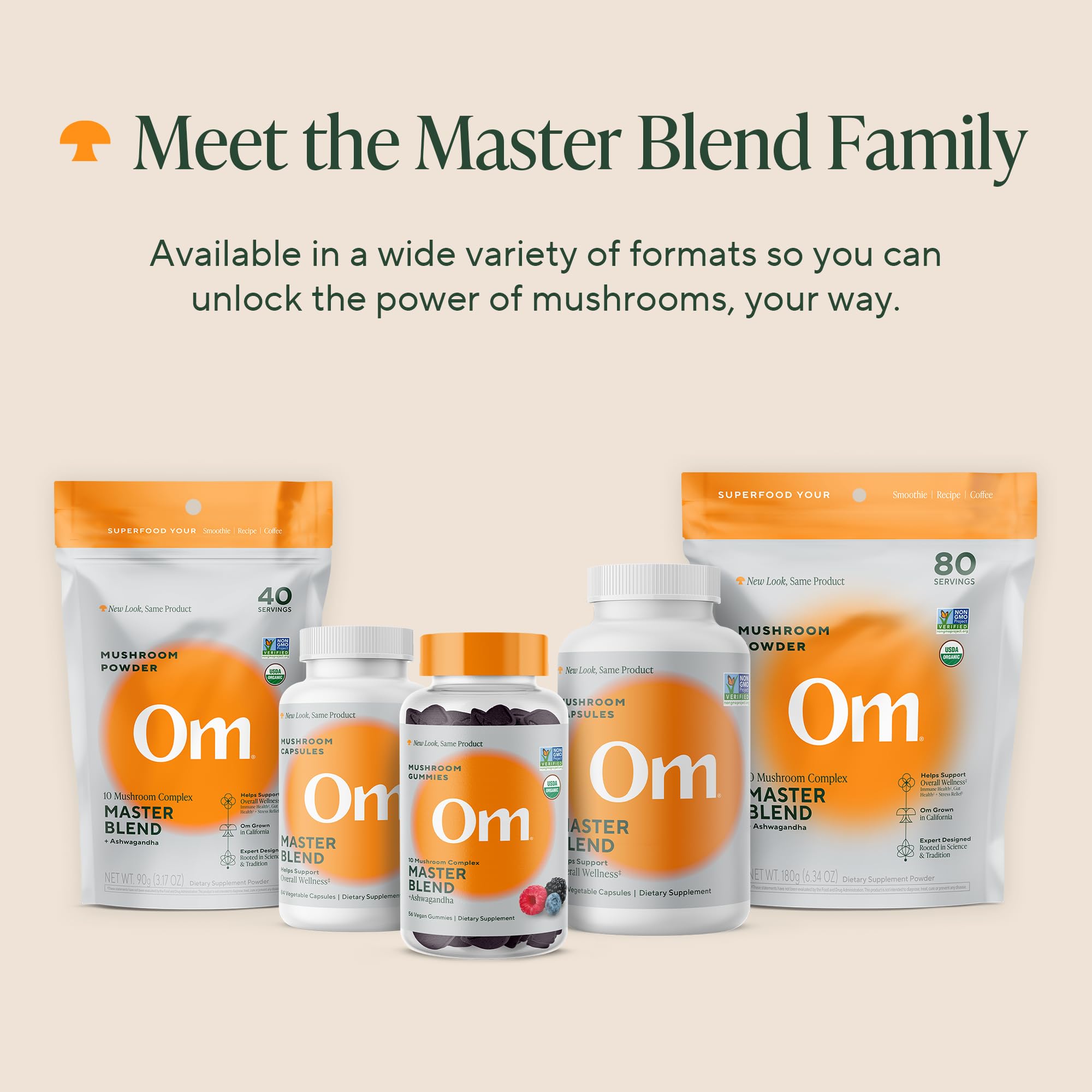 Om Master Blend Mushroom Capsules - Organic Mushroom Supplement with 10 Mushrooms and Ashwagandha – Supports Immunity, Gut Health & Stress Relief, 168 Count (56 Servings)​