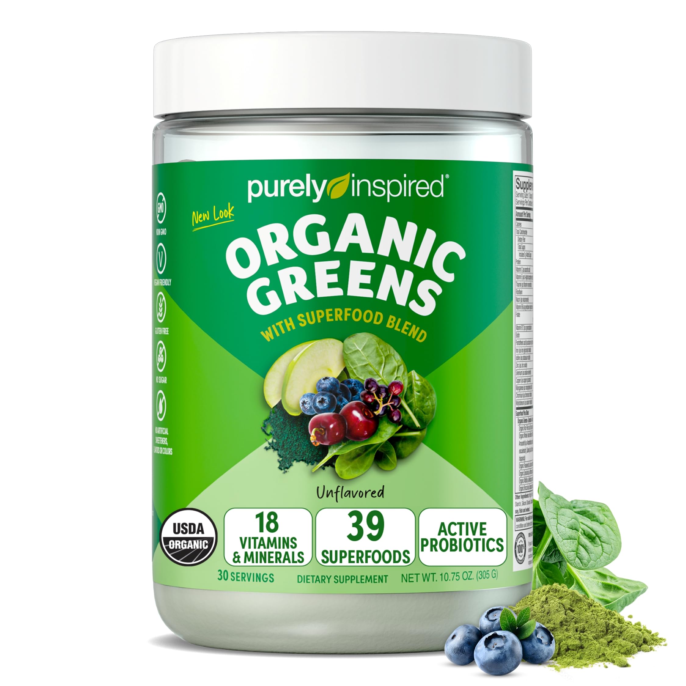 Purely Inspired Organic Greens Powder Superfood Smoothie Mix, Unflavored (30 Servings) - Super Greens with Probiotics, Spirulina & Chlorella for Gut & Digestive Health - Vegan