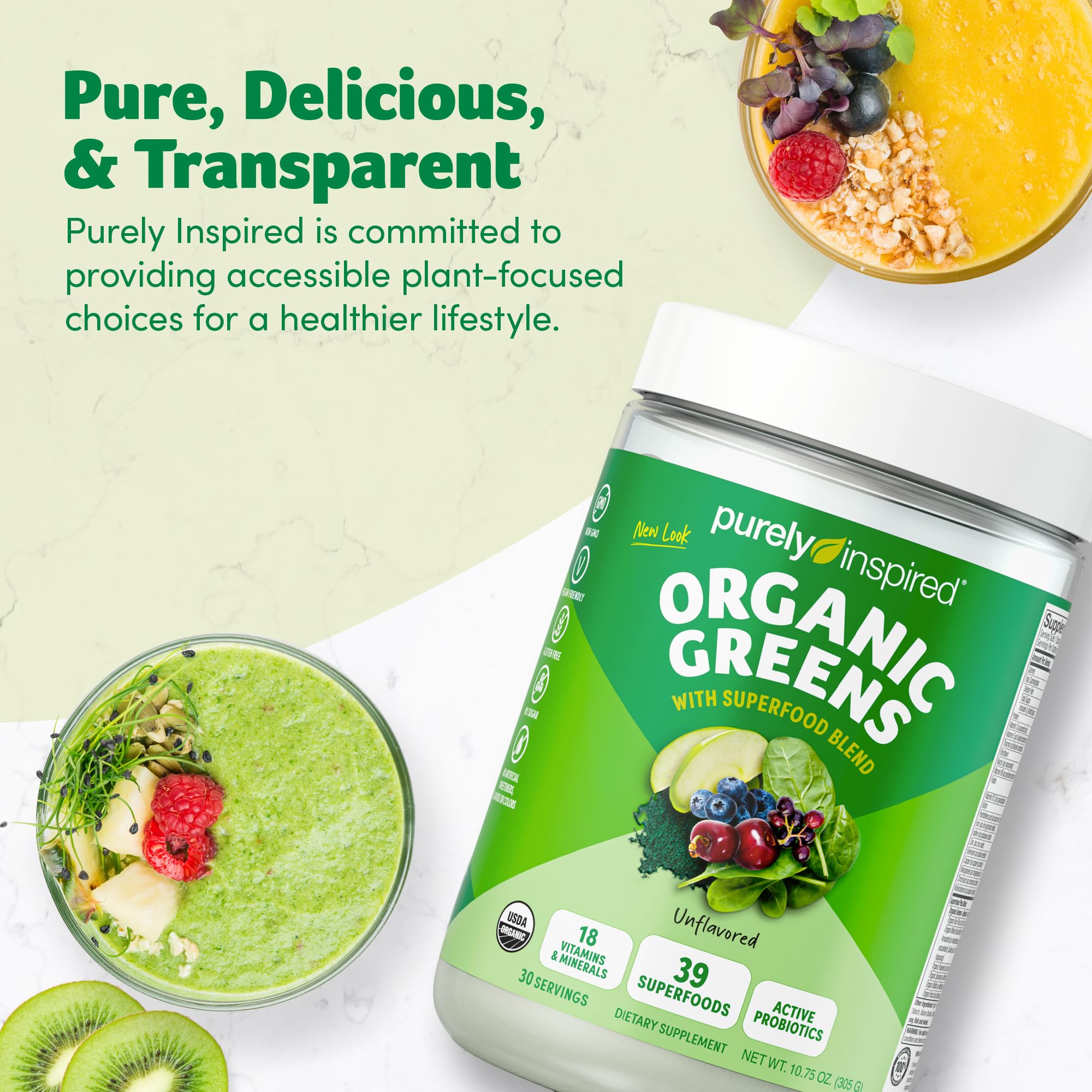 Purely Inspired Organic Greens Powder Superfood Smoothie Mix, Unflavored (30 Servings) - Super Greens with Probiotics, Spirulina & Chlorella for Gut & Digestive Health - Vegan
