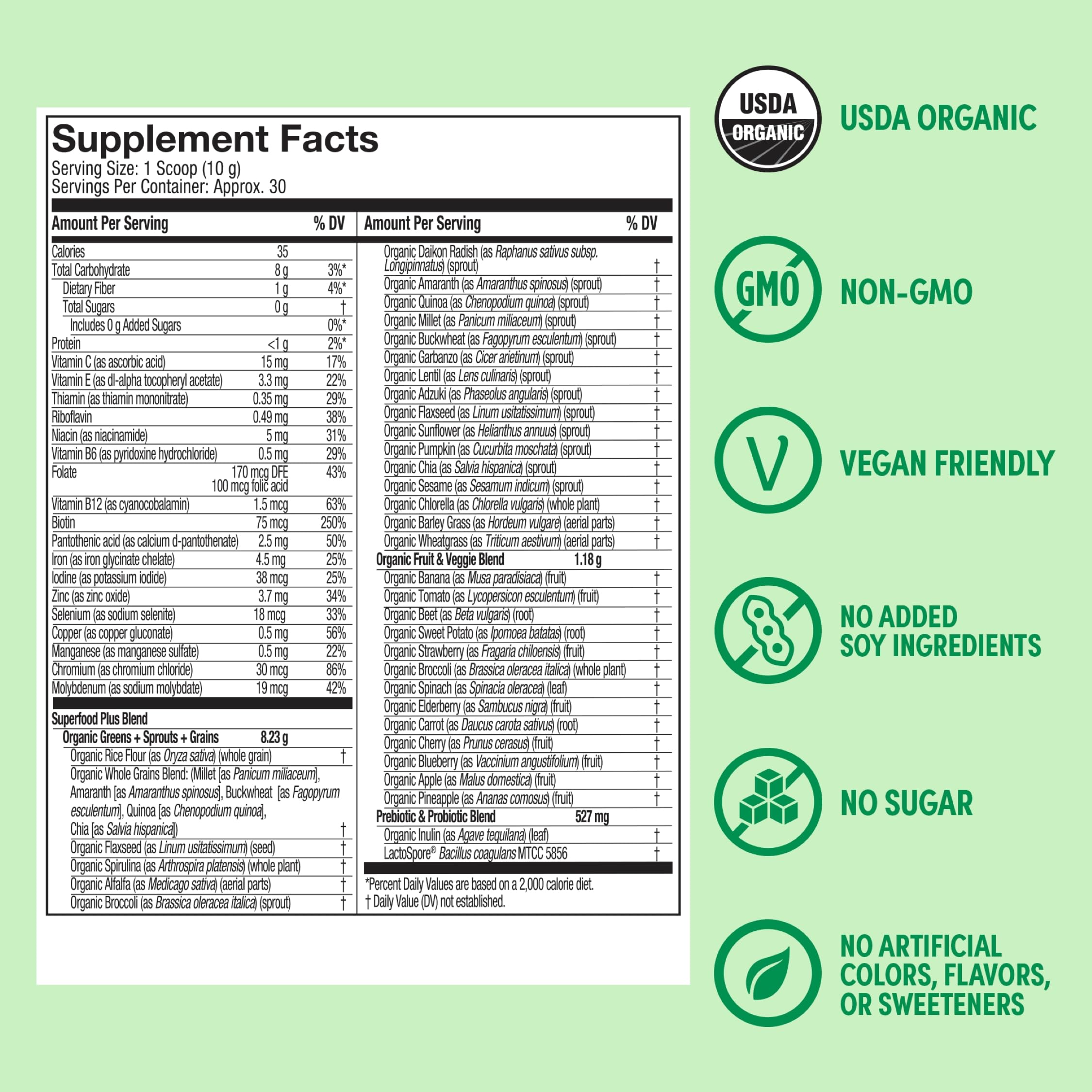 Purely Inspired Organic Greens Powder Superfood Smoothie Mix, Unflavored (30 Servings) - Super Greens with Probiotics, Spirulina & Chlorella for Gut & Digestive Health - Vegan