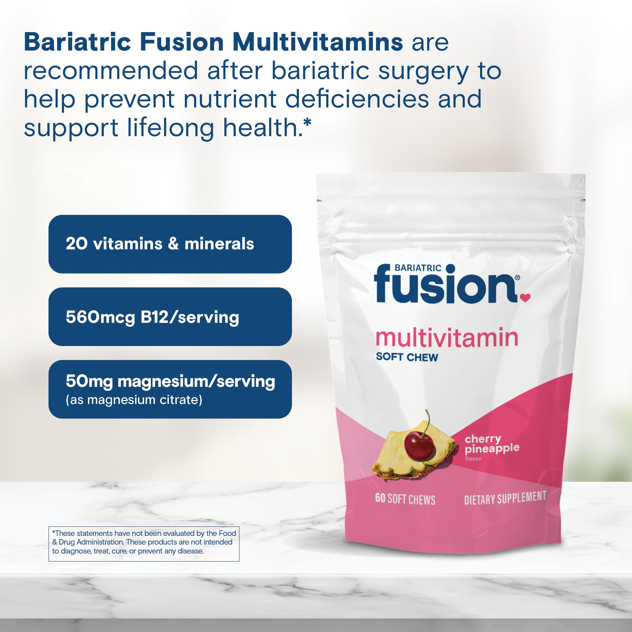 Bariatric Fusion Bariatric Multivitamin Chewable Soft Chew | Cherry Pineapple Flavor | Chewy Vitamins for Post Bariatric Surgery Patients | 60 Count | 1 Month Supply