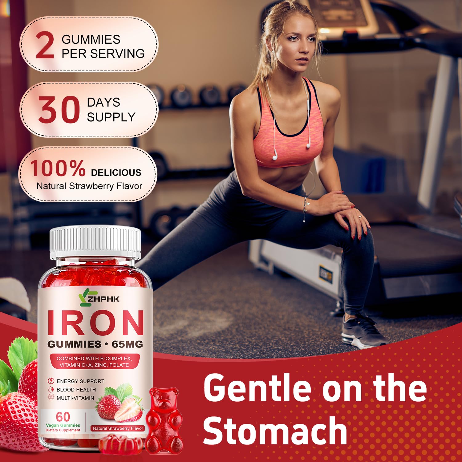 ZHPHK Iron Supplement Gummies for Women, Men & Kids, 65mg Iron & 250mg Vitamin C per Serving - Healthy Blood, Energy & Immune Support Iron Vitamin Gummy with Folate, 2 Pack