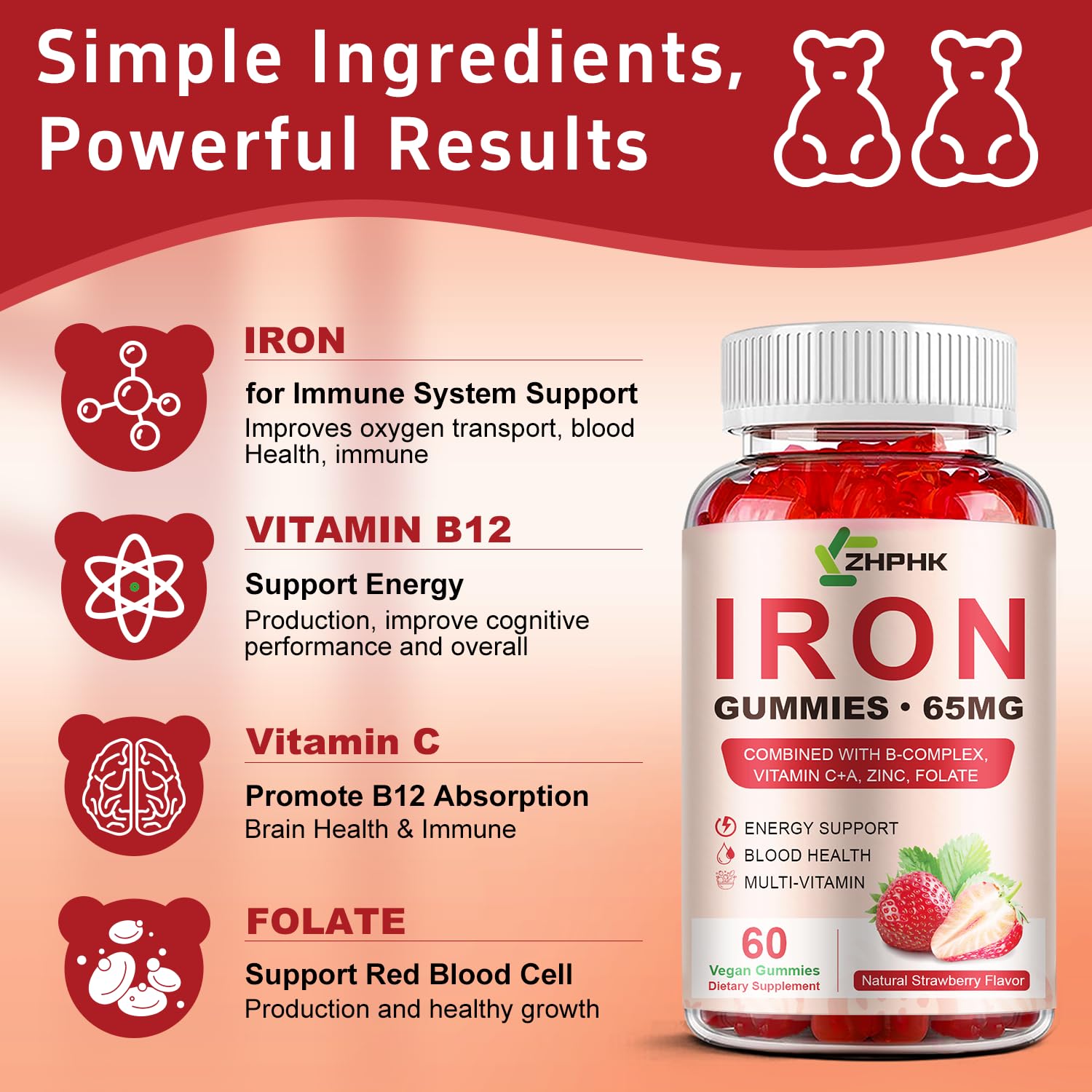 ZHPHK Iron Supplement Gummies for Women, Men & Kids, 65mg Iron & 250mg Vitamin C per Serving - Healthy Blood, Energy & Immune Support Iron Vitamin Gummy with Folate, 2 Pack