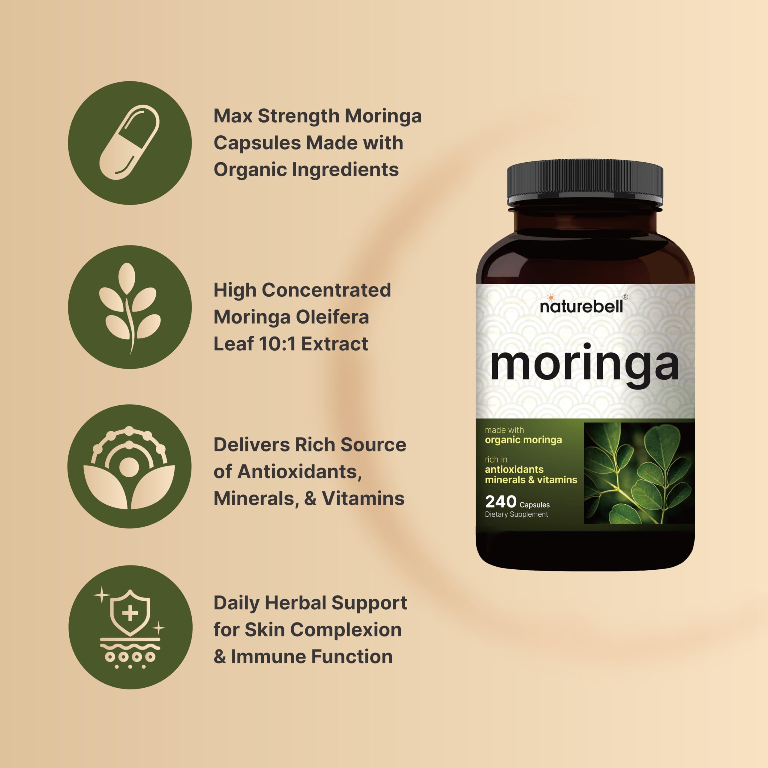 NatureBell Moringa - 240 Capsules - Organic Moringa for Immune, Energy & Skin Health Support* - Green Superfood Properties