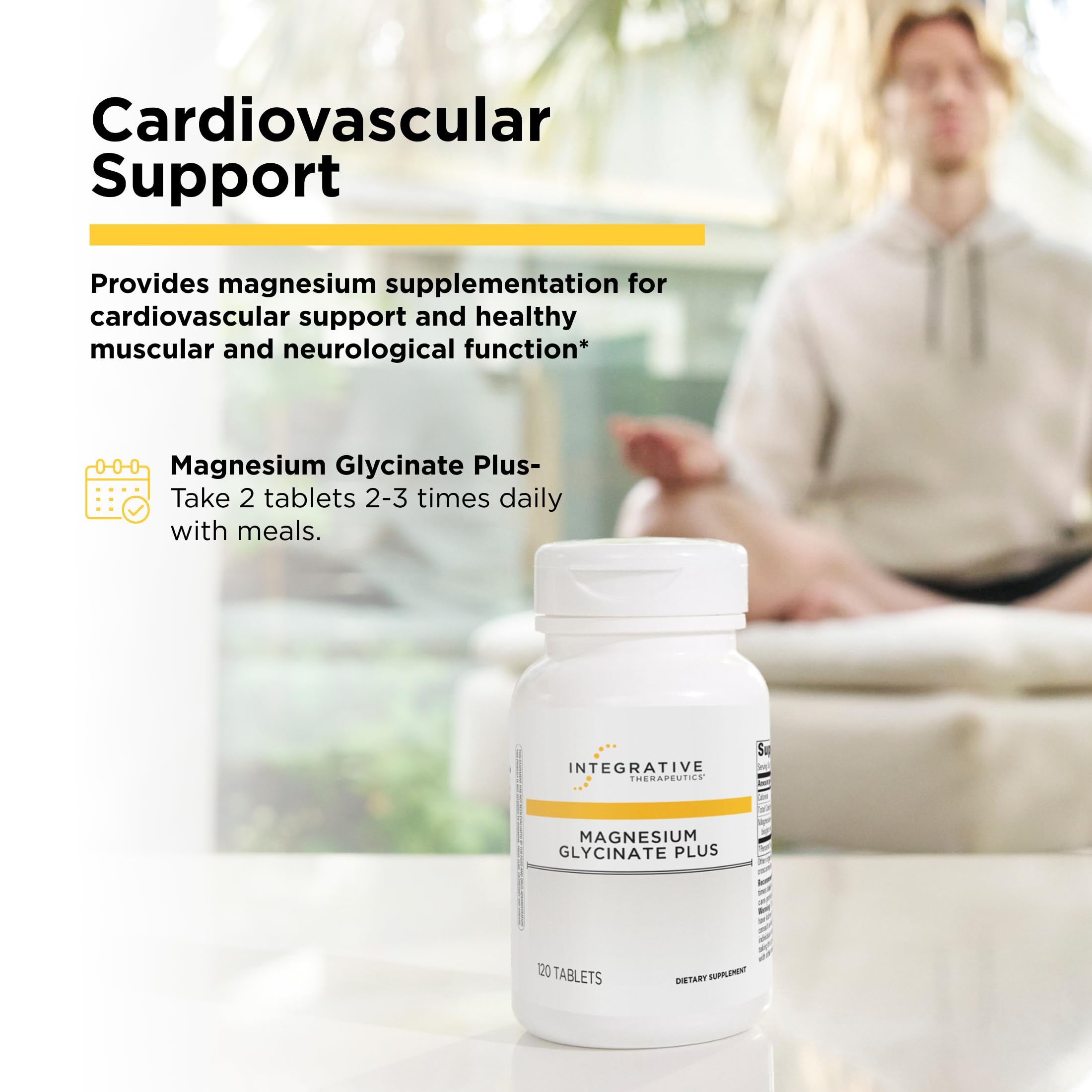 Integrative Therapeutics Magnesium Glycinate Plus - Brain Function Support Supplement for Adults* - Supports Heart and Muscular Function* - Dairy-Free & Gluten-Free - 120 Count (60 Servings)