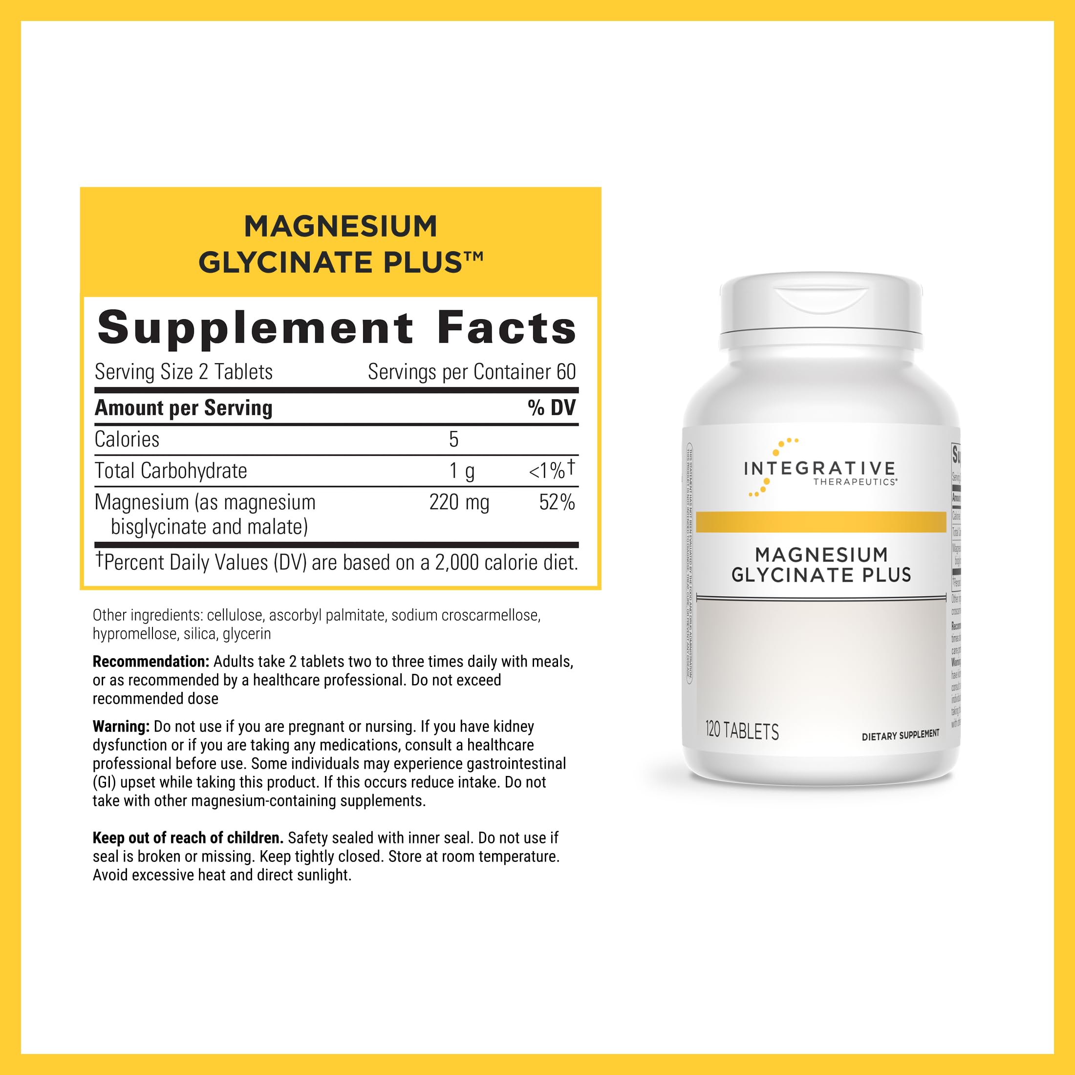 Integrative Therapeutics Magnesium Glycinate Plus - Brain Function Support Supplement for Adults* - Supports Heart and Muscular Function* - Dairy-Free & Gluten-Free - 120 Count (60 Servings)