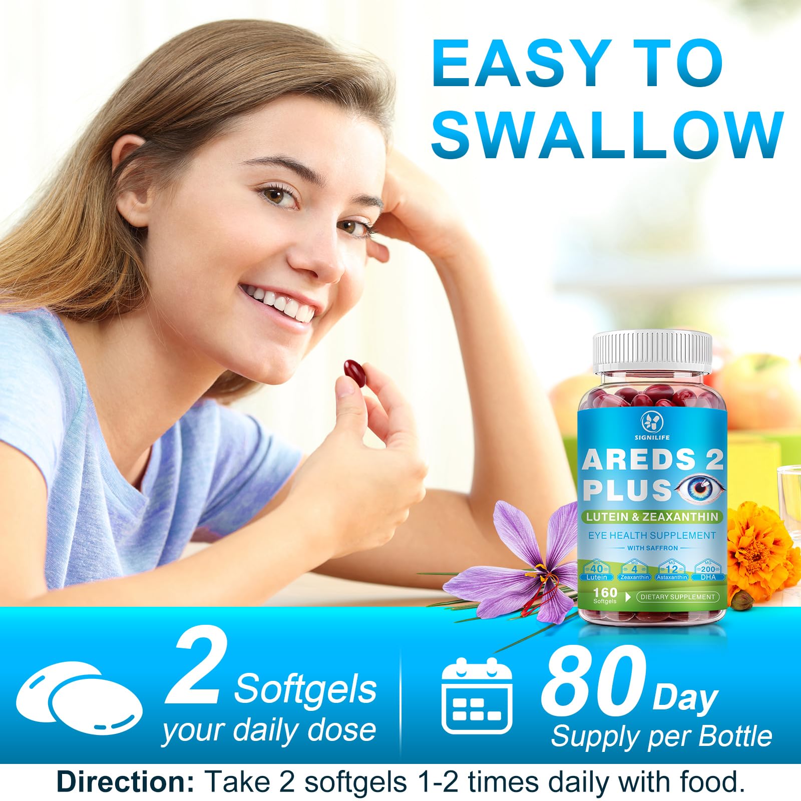 SIGNILIFE AREDS 2 Plus Eye Vitamins-40mg Lutein and 4mg Zeaxanthin with Astaxanthin 12mg,Vitamins C, E, Saffron & DHA - Eyebright,Blue Light Protection,Eye Health Support-160 Softgels