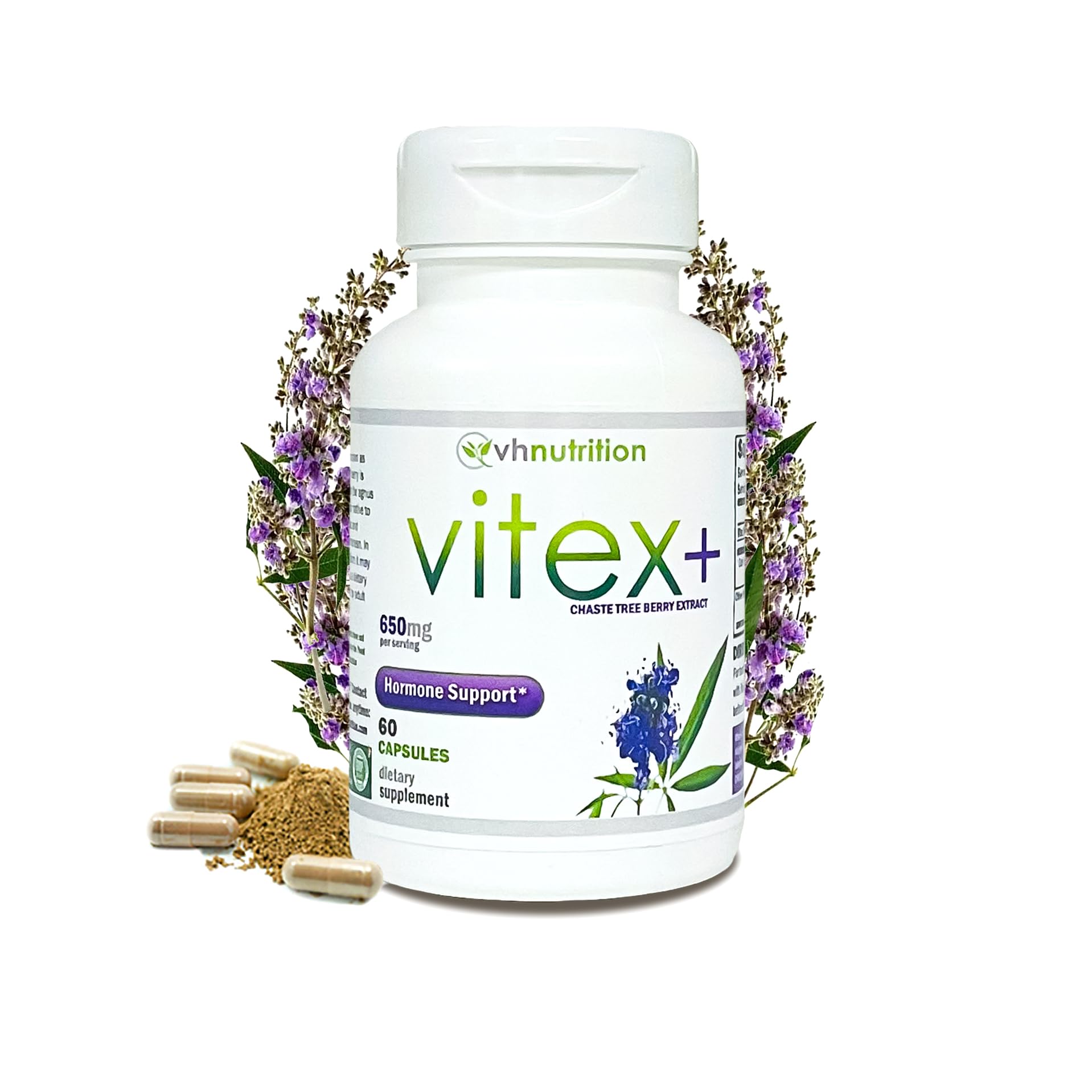 VH Nutrition VITEX+ | Vitex Chasteberry Supplement for Women | Hormonal Balance* and Fertility Support* | 650mg Per Serving of Vitex Berry Extract Powder | 60 Capsules
