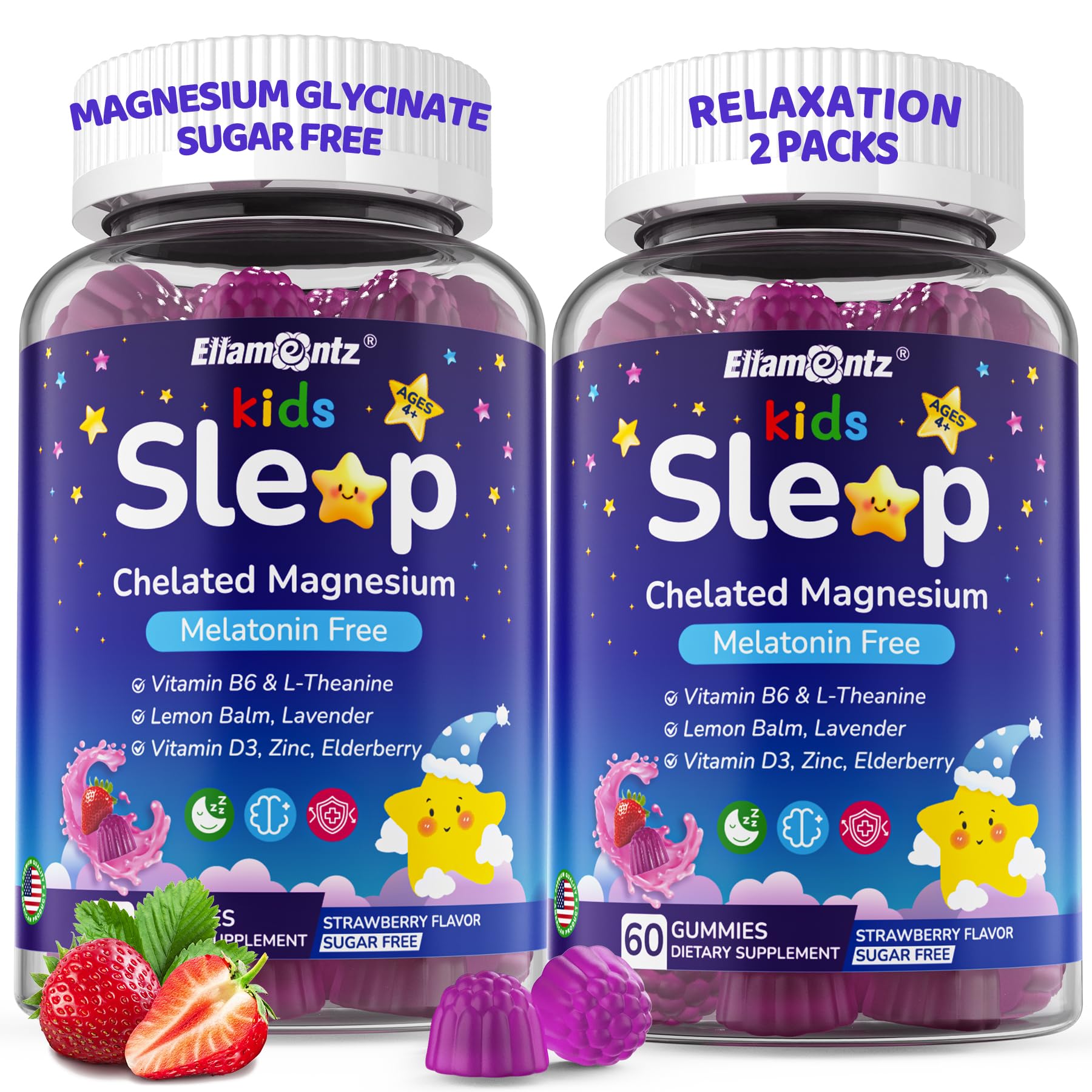 Kids Sleep Gummies, NO Melatonin Sleep Aid Gummies w/Magnesium Glycinate, Magnesium Malate, L-Theanine, Lavender, B6, Zinc, D3K2 for Restful Sleep, Relax Brain & Muscle, Immune Support, Non-GMO 2Pack
