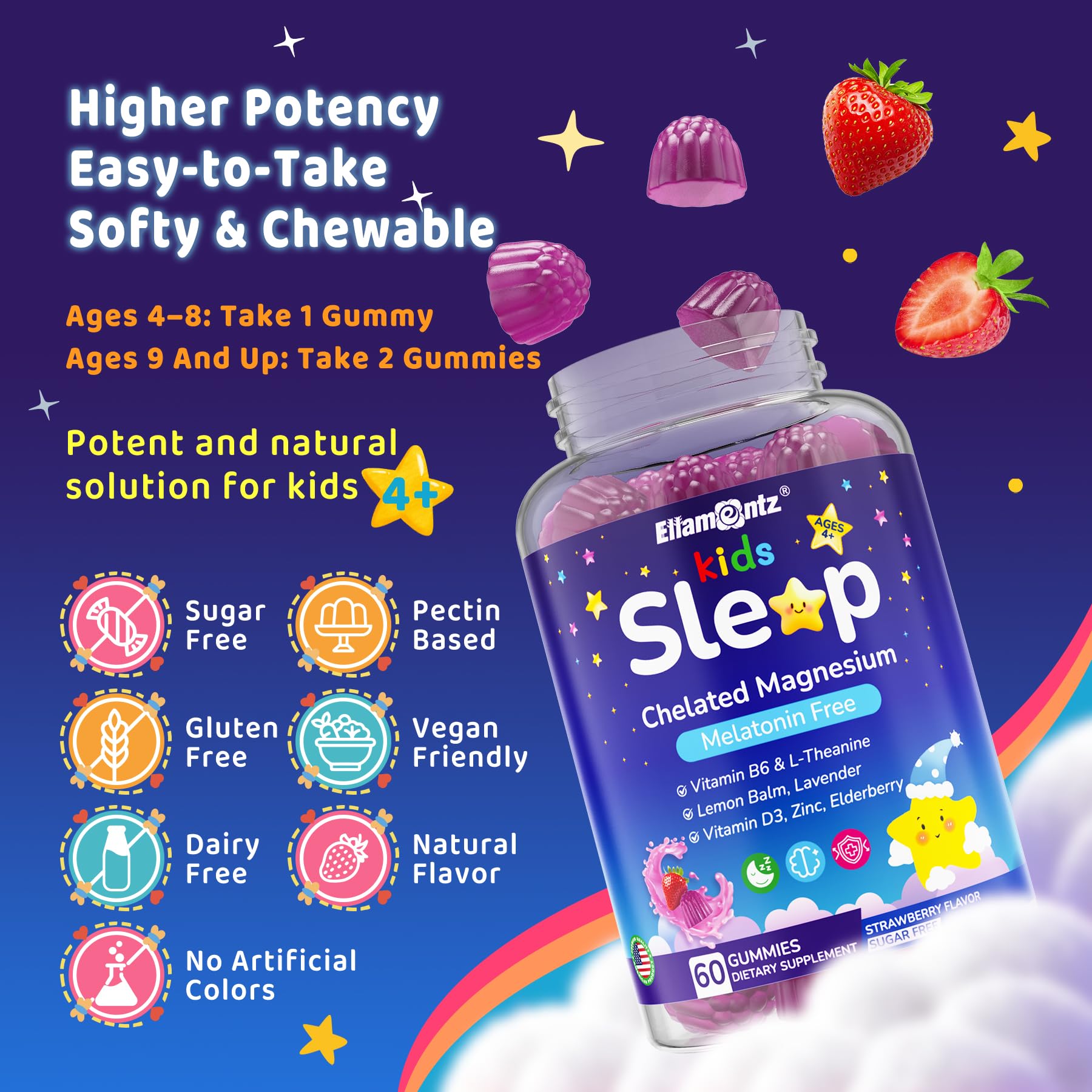 Kids Sleep Gummies, NO Melatonin Sleep Aid Gummies w/Magnesium Glycinate, Magnesium Malate, L-Theanine, Lavender, B6, Zinc, D3K2 for Restful Sleep, Relax Brain & Muscle, Immune Support, Non-GMO 2Pack