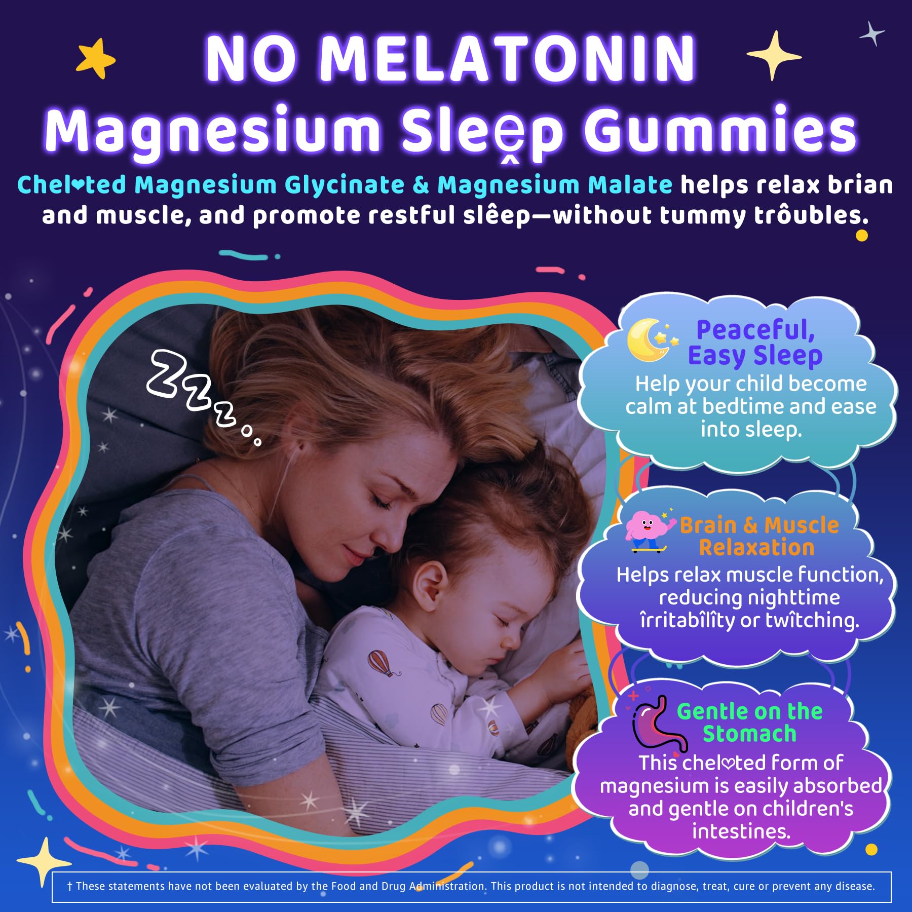Kids Sleep Gummies, NO Melatonin Sleep Aid Gummies w/Magnesium Glycinate, Magnesium Malate, L-Theanine, Lavender, B6, Zinc, D3K2 for Restful Sleep, Relax Brain & Muscle, Immune Support, Non-GMO 2Pack