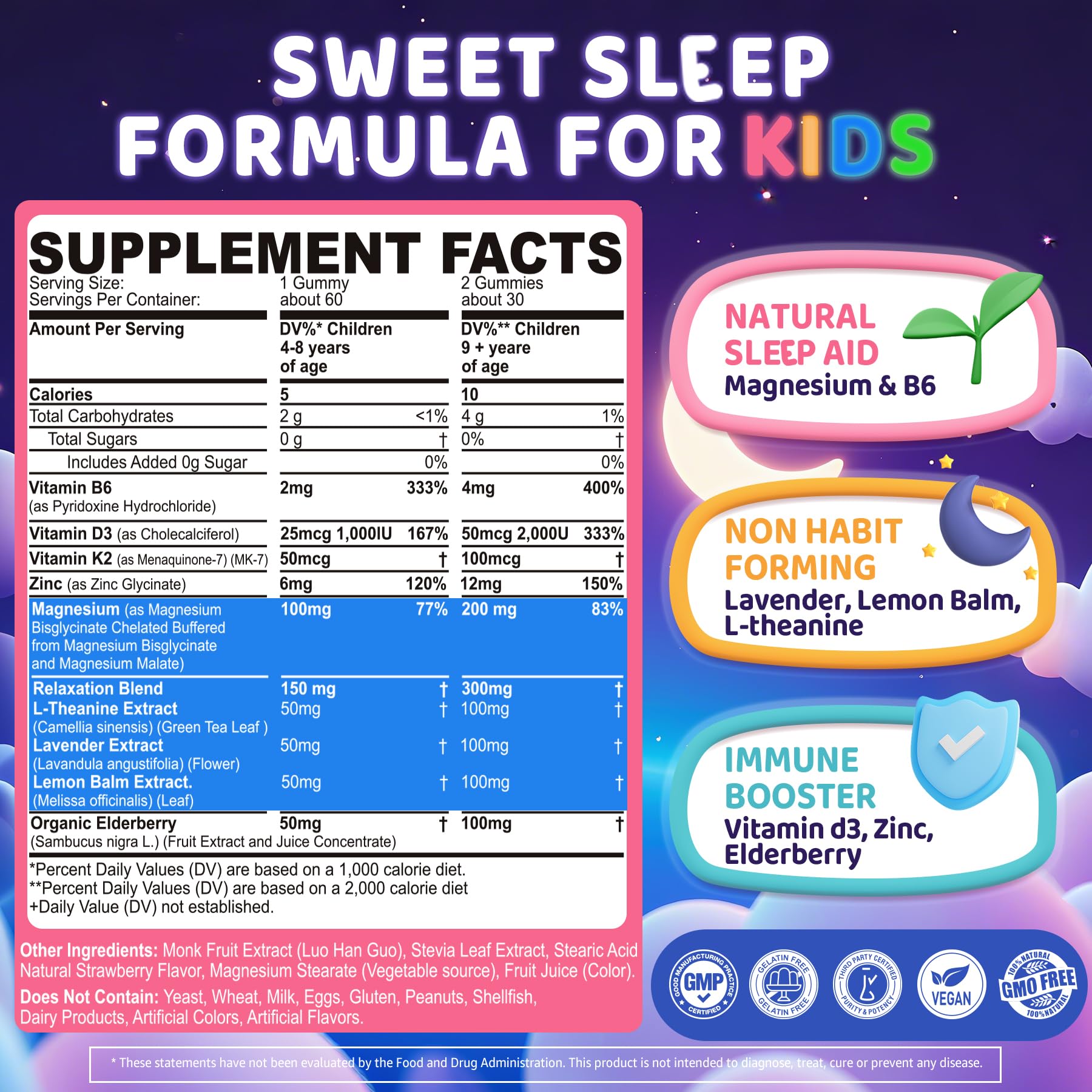 Kids Sleep Gummies, NO Melatonin Sleep Aid Gummies w/Magnesium Glycinate, Magnesium Malate, L-Theanine, Lavender, B6, Zinc, D3K2 for Restful Sleep, Relax Brain & Muscle, Immune Support, Non-GMO 2Pack