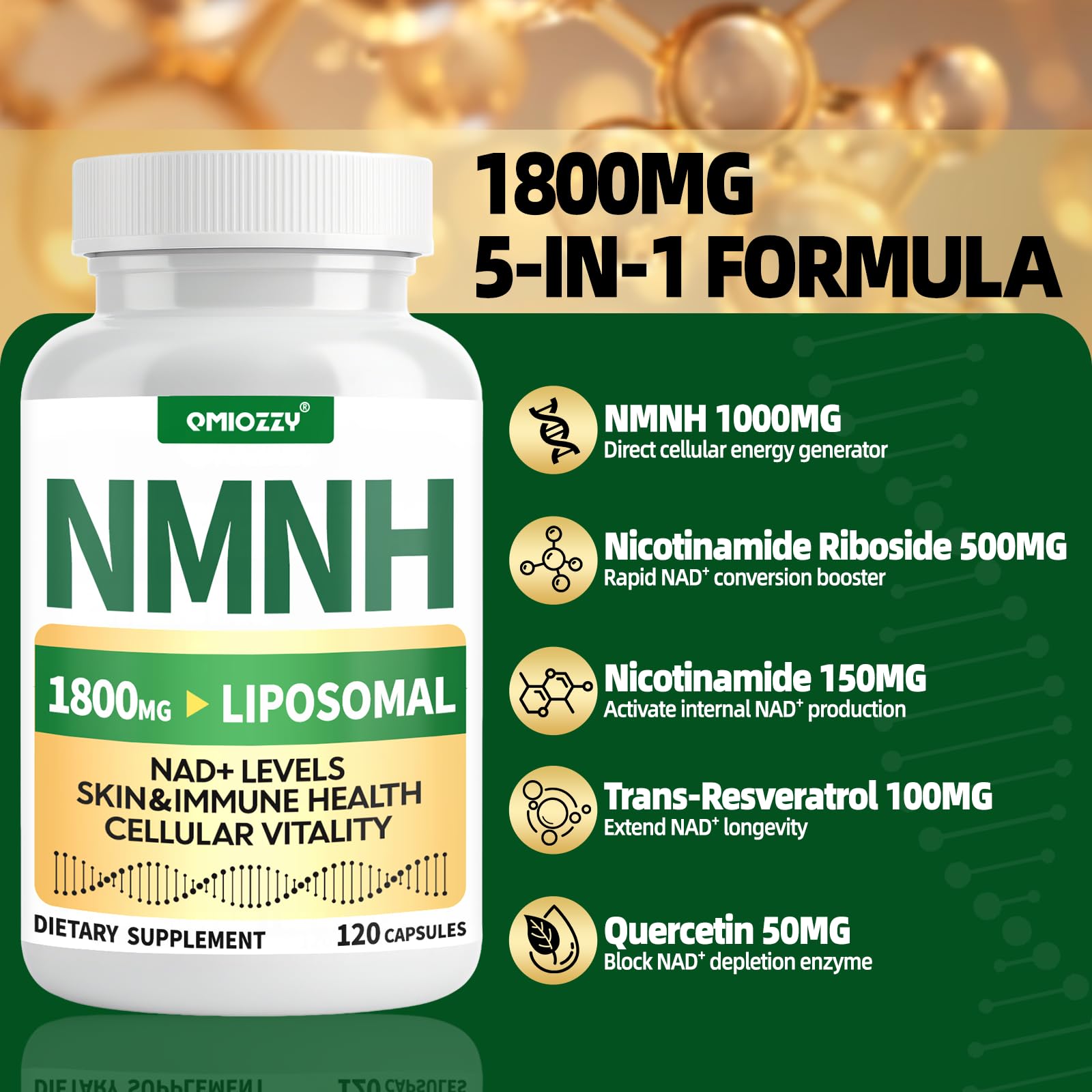 NMNH Supplement 1000mg - Nicotinamide Mononucleotide Alternative, Boost NAD+ with Liposomal Resveratrol & Nicotinamide Riboside NR, for Healthy Cellular, Aging, Energy, 120 Vegan Non-GMO Capsules