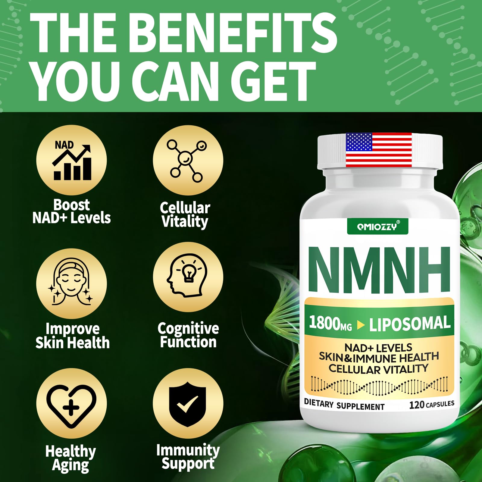 NMNH Supplement 1000mg - Nicotinamide Mononucleotide Alternative, Boost NAD+ with Liposomal Resveratrol & Nicotinamide Riboside NR, for Healthy Cellular, Aging, Energy, 120 Vegan Non-GMO Capsules