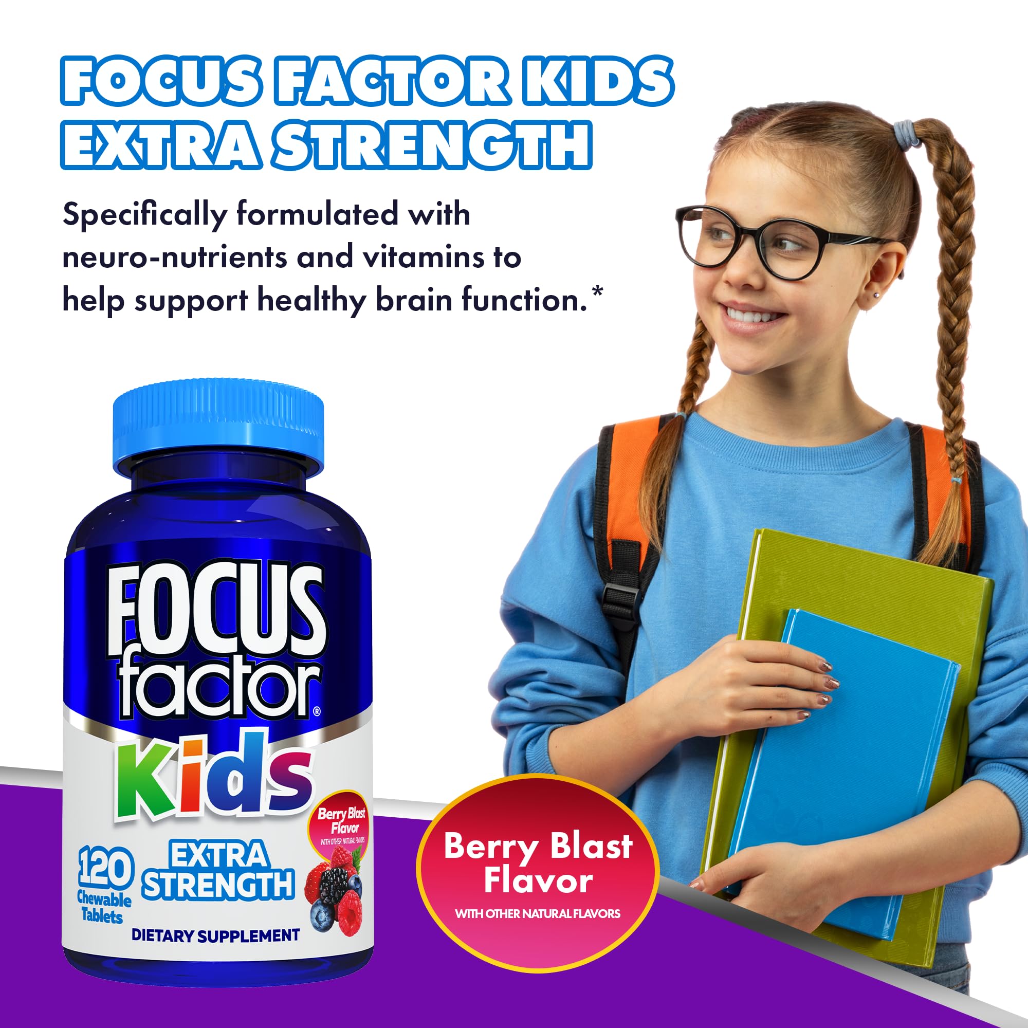 Focus Factor Kids Extra Strength Daily Chewable for Brain Health Support, 120 Count – Vitamins - Quality Formula – Gluten & Dairy Free Supplements for Children – No Artificial Sweetener