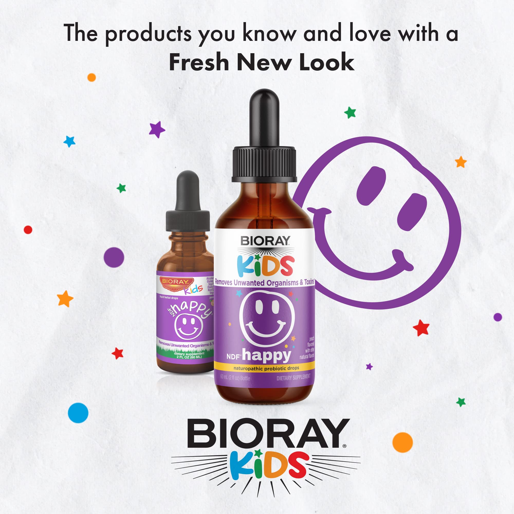 BIORAY Kids NDF Happy, Peach - 2 fl oz - Removes Unwanted Organisms That Can Trigger Irritability - 1-2 Month Supply