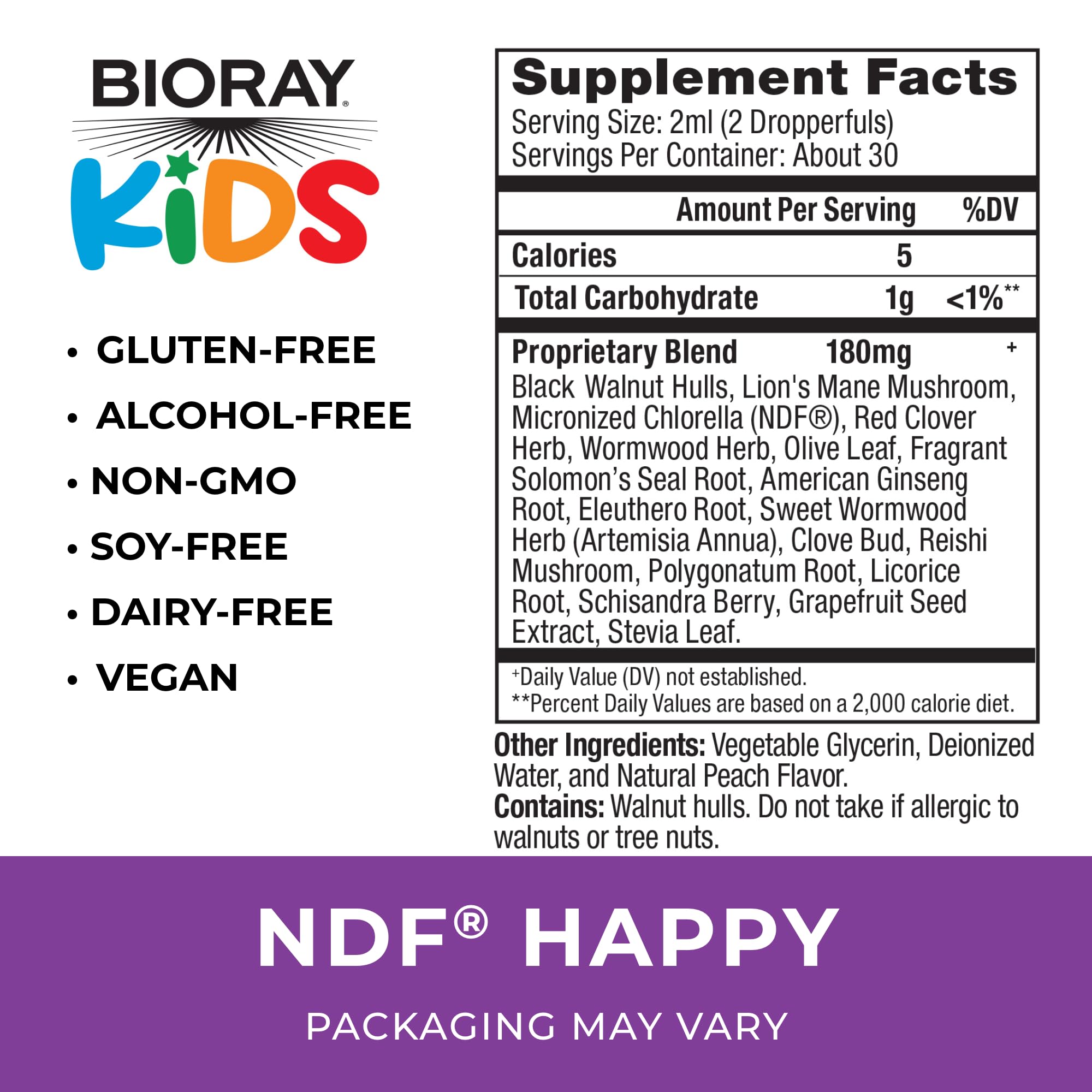 BIORAY Kids NDF Happy, Peach - 2 fl oz - Removes Unwanted Organisms That Can Trigger Irritability - 1-2 Month Supply