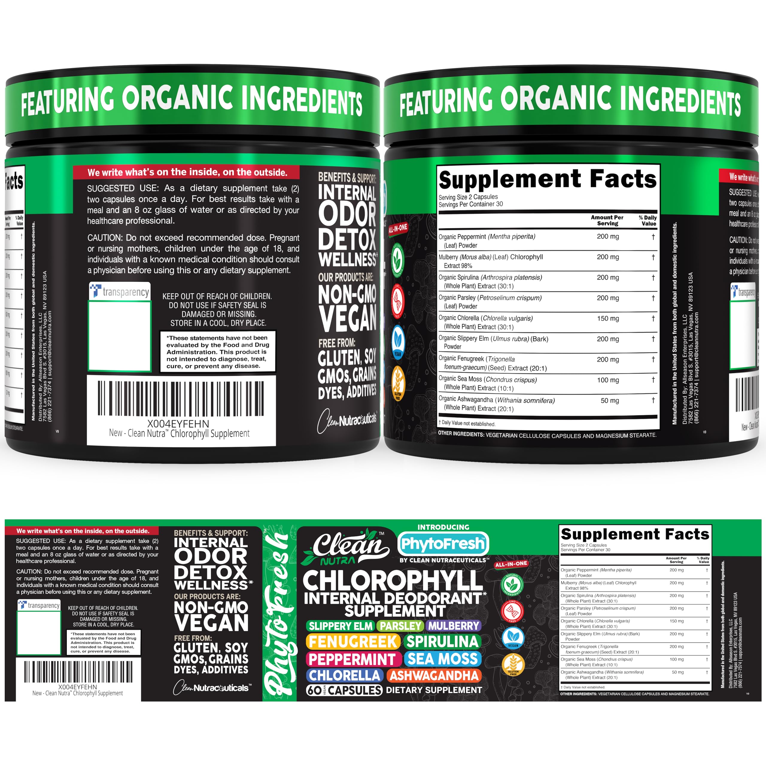 Clean Nutra Chlorophyll Capsules Supplement Internal Deodorant Peppermint, Sea Moss, Parsley, Chlorella, Spirulina, Slippery Elm, Ashwagandha, PhytoFresh Greens Detox Pills