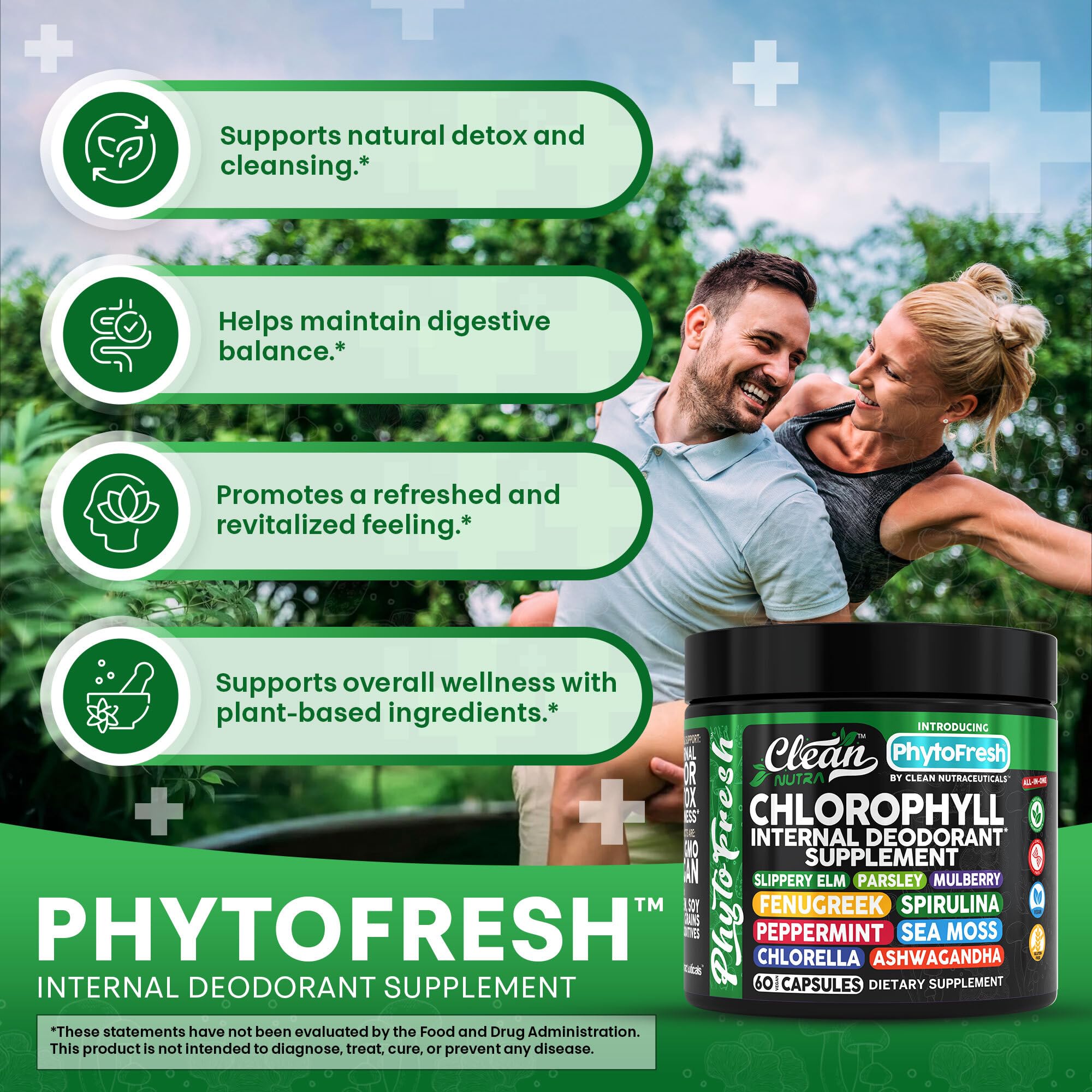 Clean Nutra Chlorophyll Capsules Supplement Internal Deodorant Peppermint, Sea Moss, Parsley, Chlorella, Spirulina, Slippery Elm, Ashwagandha, PhytoFresh Greens Detox Pills