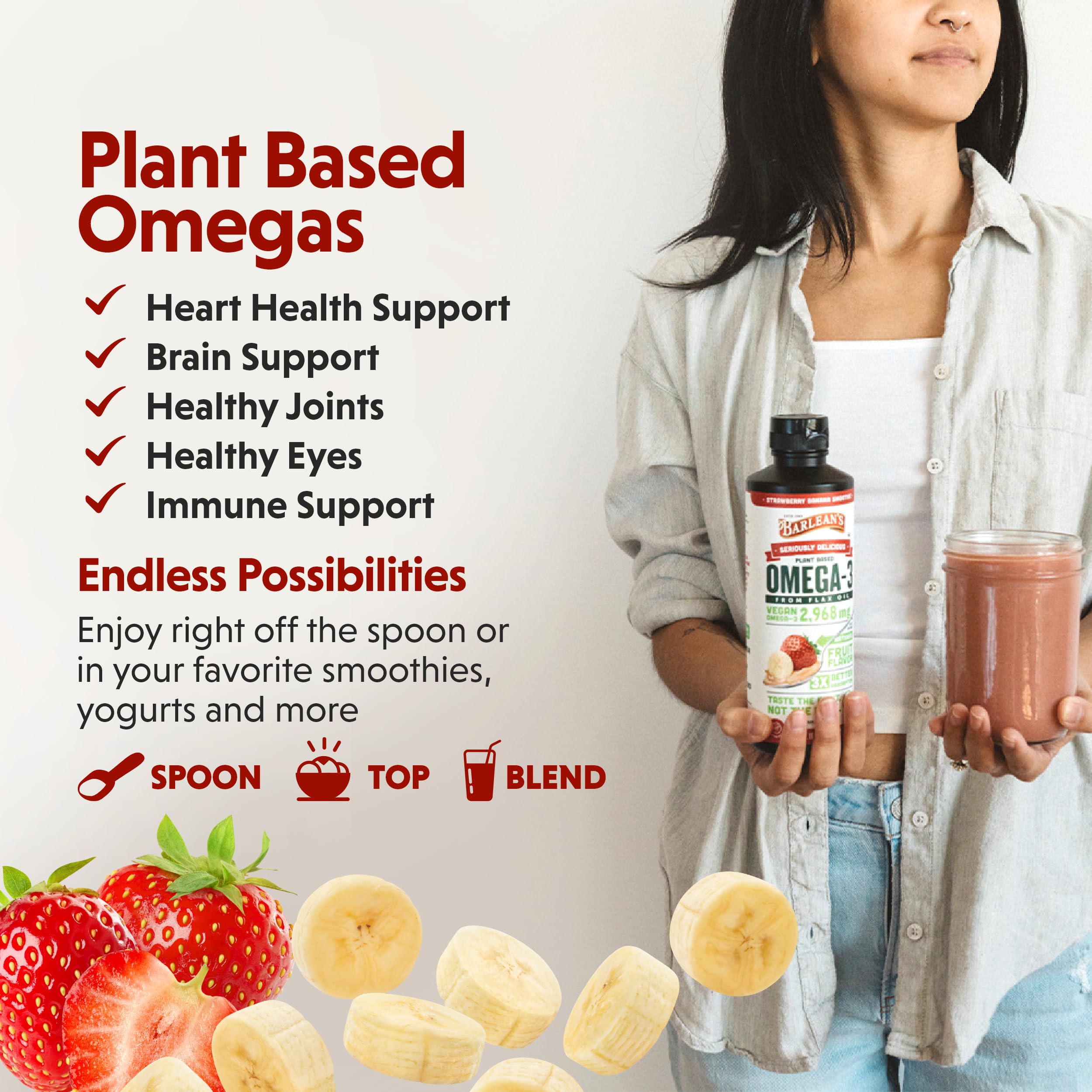Barlean's Vegan Omega 3 6 9 Flaxseed Oil Liquid Supplement, Strawberry Banana Smoothie, Flax Seeds Oil with 2,968 mg ALA Fatty Acid, Non-GMO and Gluten Free, 16 oz
