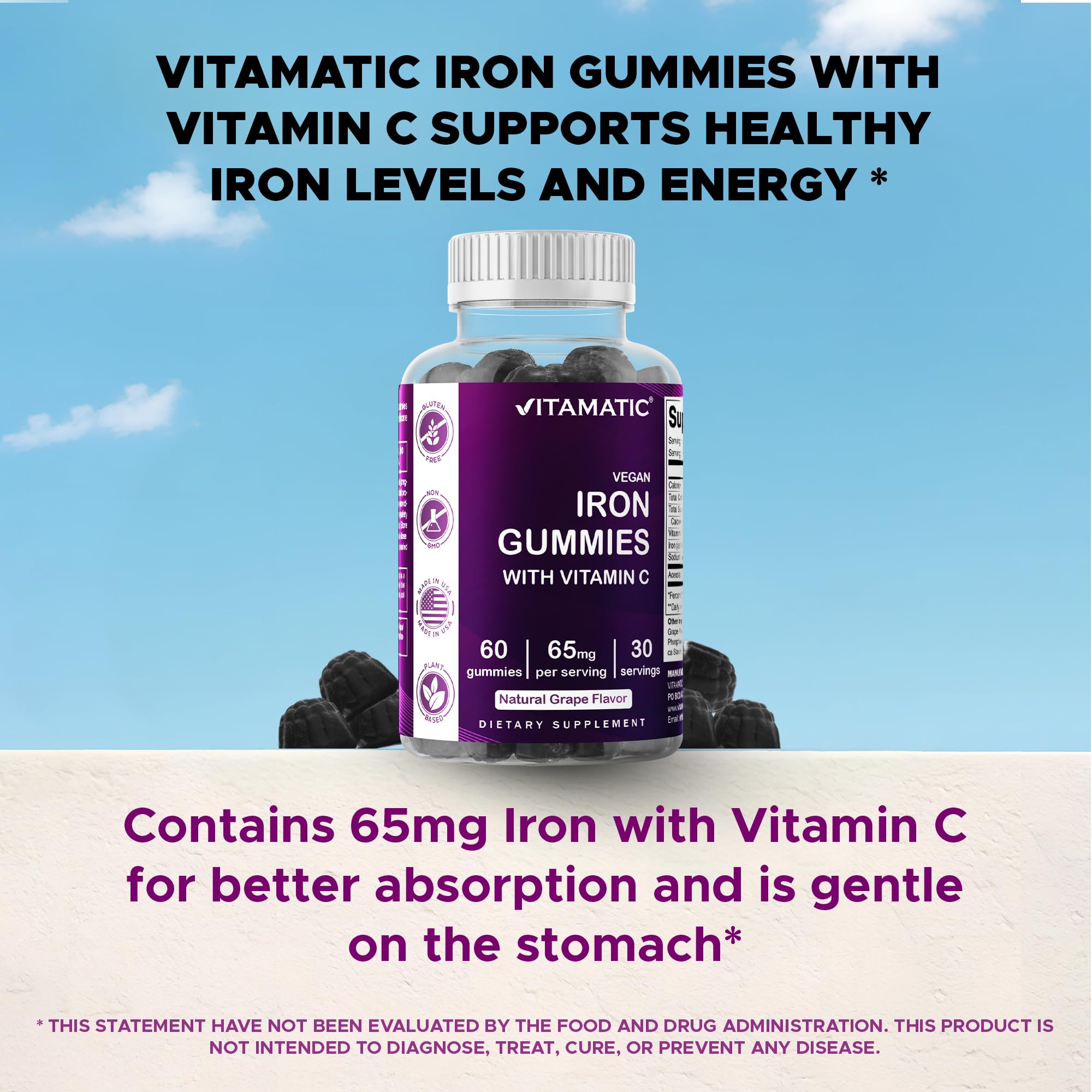 Vitamatic Iron 65 mg Gummies Supplement for Women & Men - 60 Vegan Gummies - Great Tasting Iron Gummy Vitamins with Vitamin C (1)