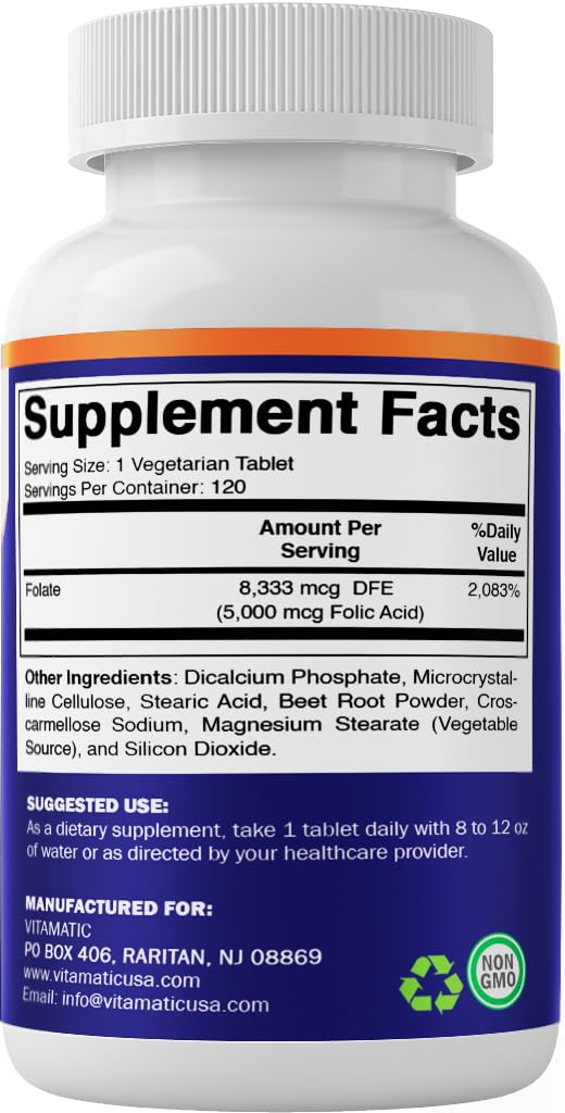 Vitamatic Folic Acid 5mg (5000 mcg) – 120 Vegetarian Tablets per Bottle | Pack of 2 (Total 240 Tablets) Vitamin B9 (Folate) | Supports Heart Health, Brain Function, and Prenatal Wellness