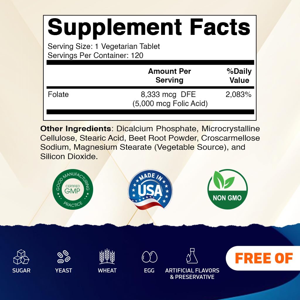 Vitamatic Folic Acid 5mg (5000 mcg) – 120 Vegetarian Tablets per Bottle | Pack of 2 (Total 240 Tablets) Vitamin B9 (Folate) | Supports Heart Health, Brain Function, and Prenatal Wellness