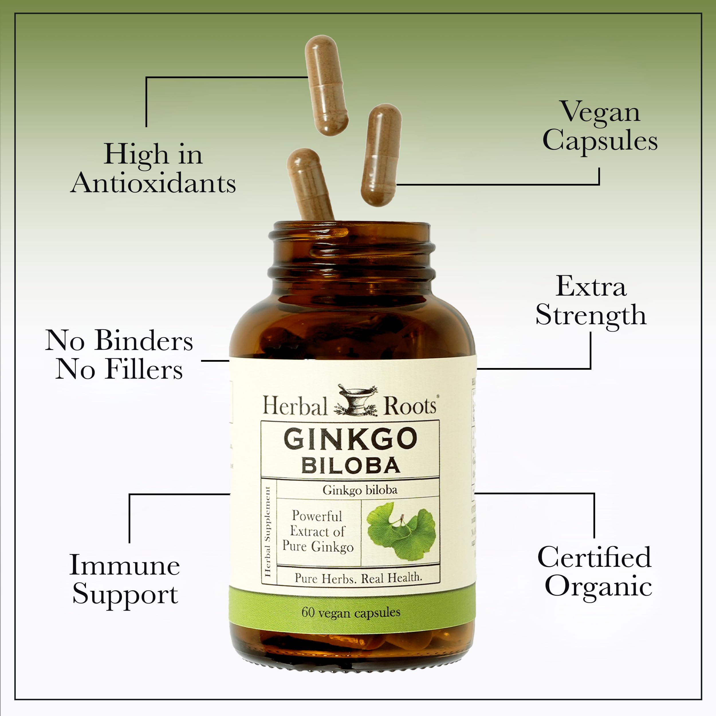 Herbal Roots Organic Ginkgo Biloba Made with Pure Organic Ginkgo Leaf and Extract - 60 Vegan Capsules