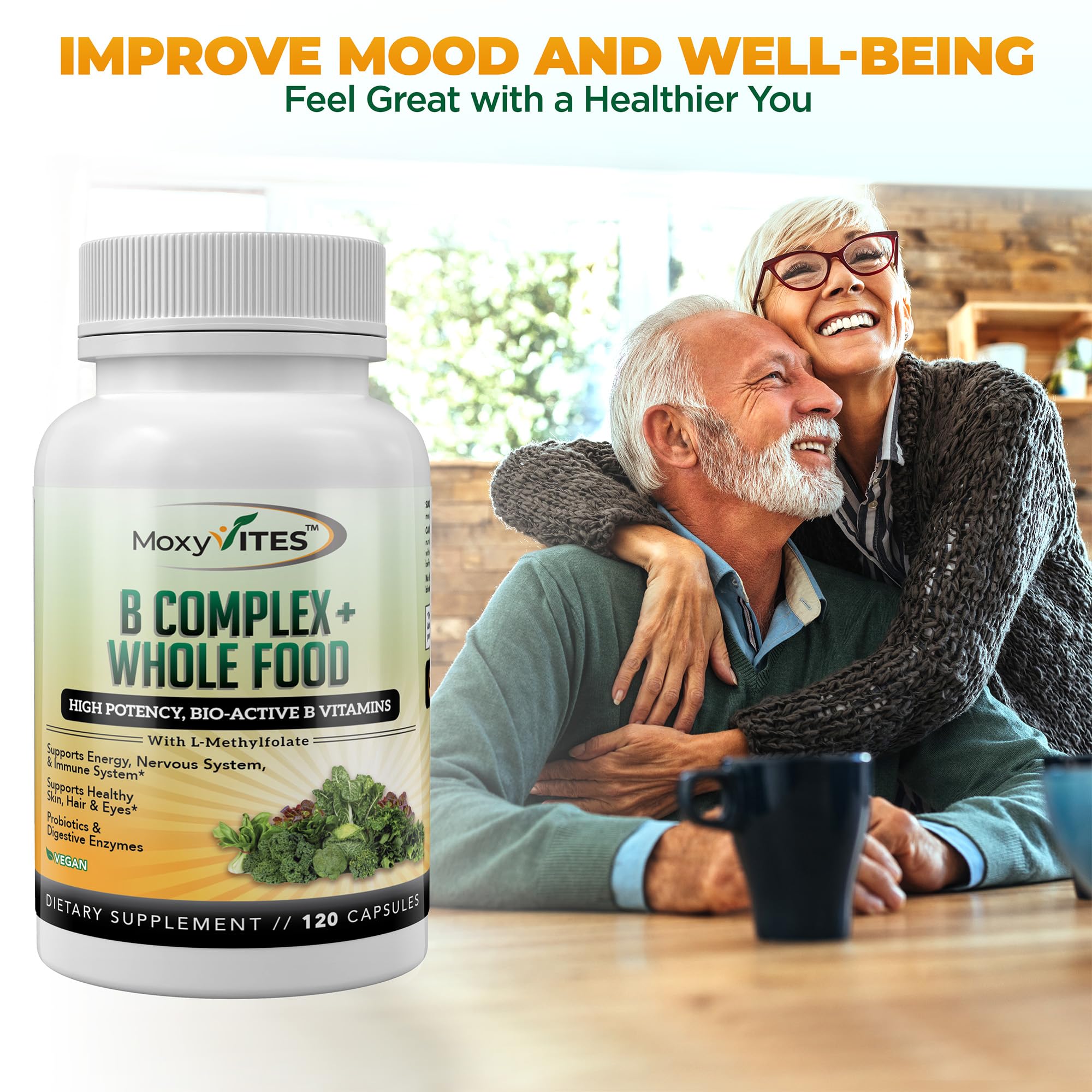 MoxyVites Vitamin B Complex - B Vitamins Whole Food Supplement, B12 Methylcobalamin, B1, B2, B3, B5, B6, B7, B9 - for Stress, Energy and Immune Support, Vegan, 120 Capsules