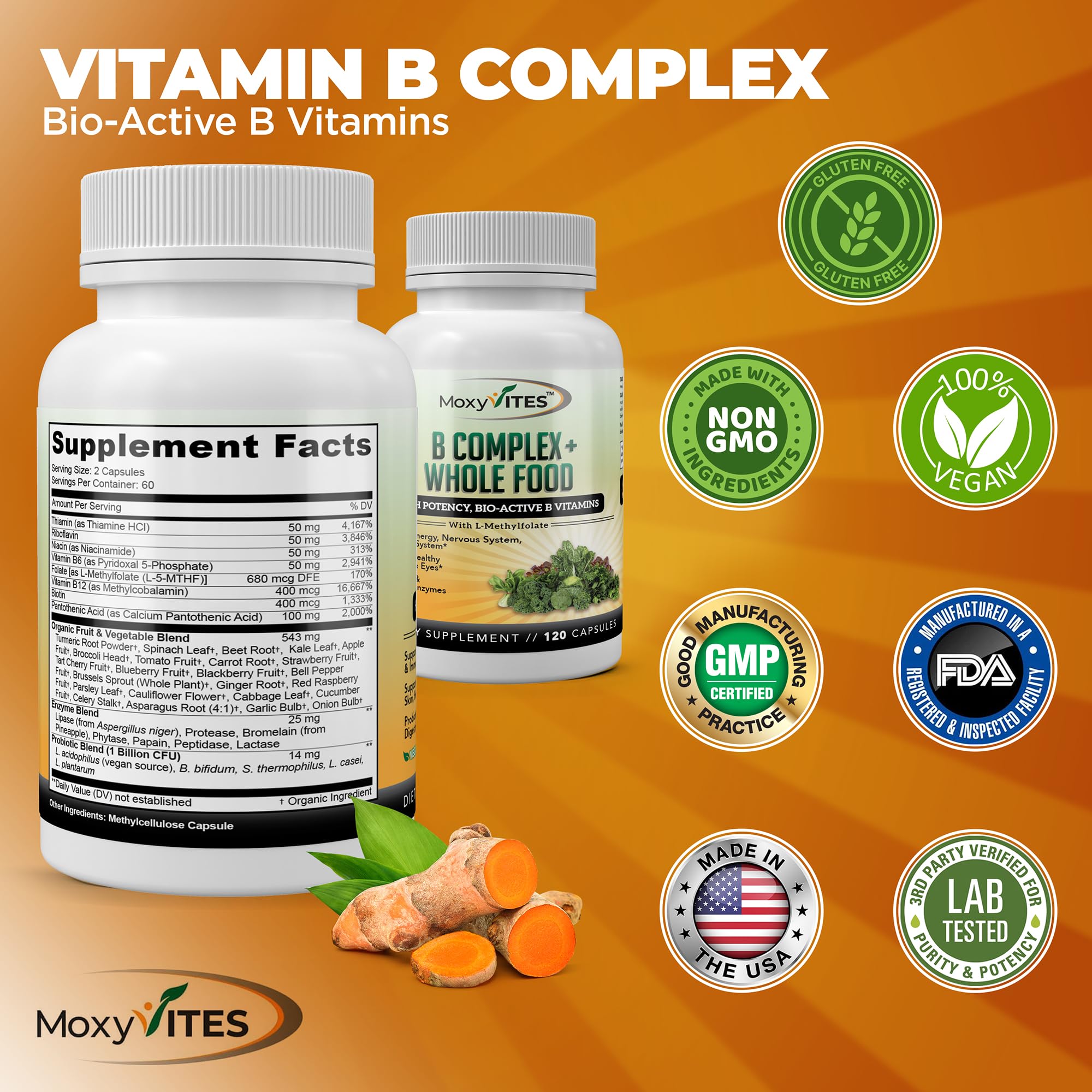 MoxyVites Vitamin B Complex - B Vitamins Whole Food Supplement, B12 Methylcobalamin, B1, B2, B3, B5, B6, B7, B9 - for Stress, Energy and Immune Support, Vegan, 120 Capsules