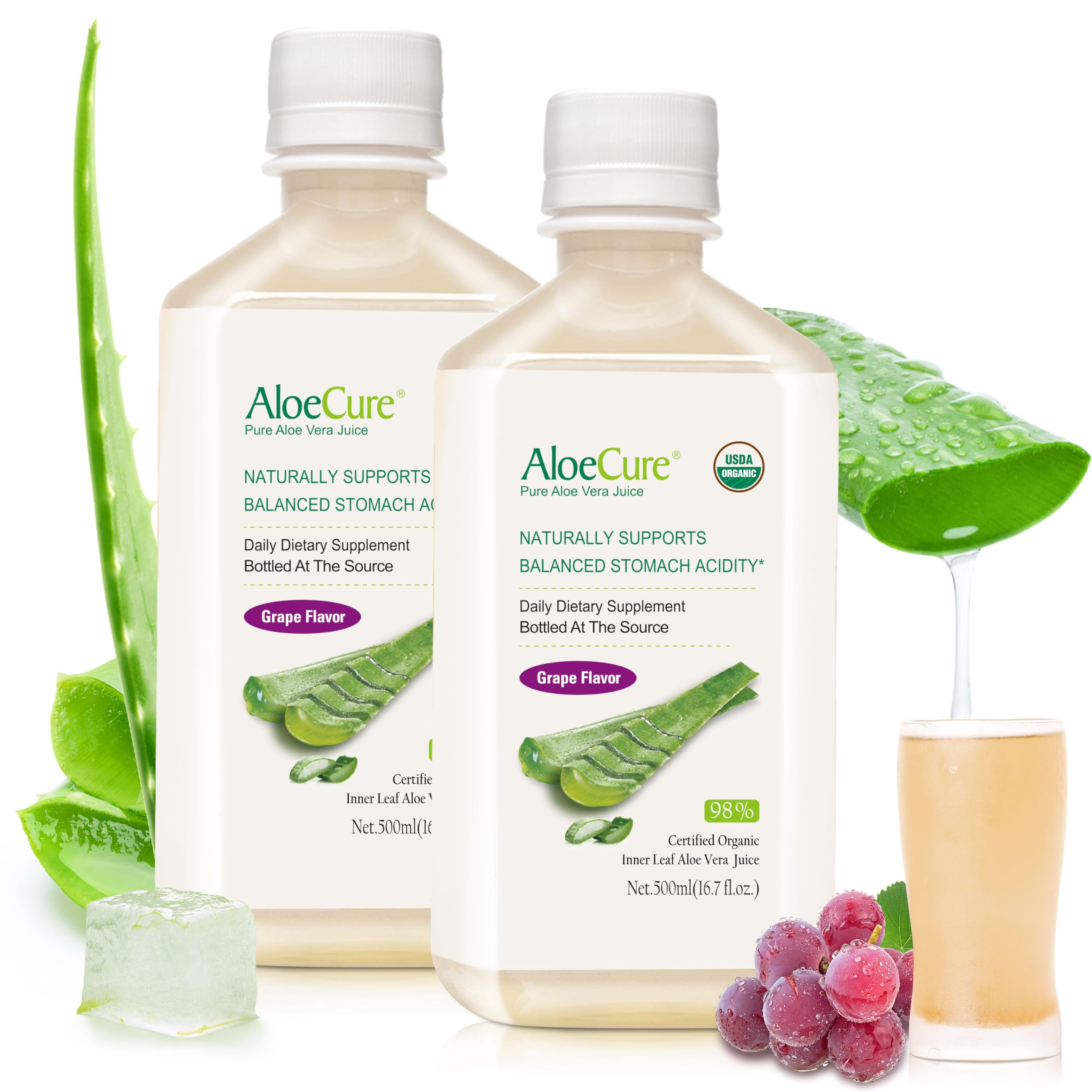 AloeCure USDA Organic Aloe Vera Juice Grape Flavor, Made Within 12 Hours of Harvest - Pure Aloe Vera Digestive & Immune Health Supplement, Helps Maintain Balanced Stomach Acidity, 16.7oz x 2 Btls