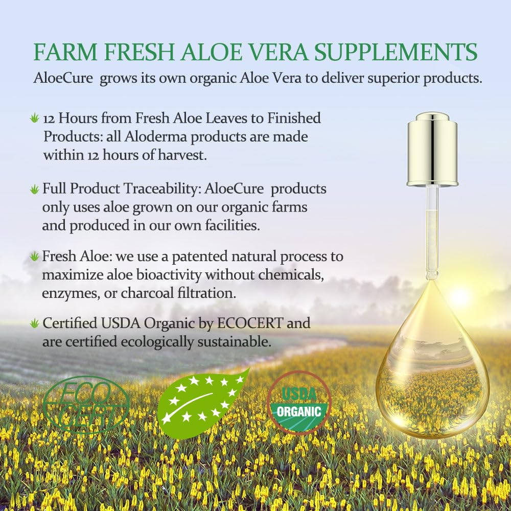 AloeCure USDA Organic Aloe Vera Juice Grape Flavor, Made Within 12 Hours of Harvest - Pure Aloe Vera Digestive & Immune Health Supplement, Helps Maintain Balanced Stomach Acidity, 16.7oz x 2 Btls