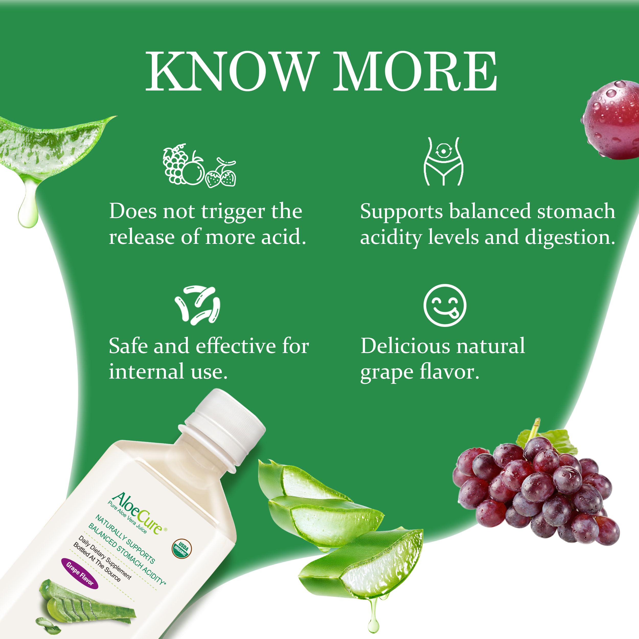 AloeCure USDA Organic Aloe Vera Juice Grape Flavor, Made Within 12 Hours of Harvest - Pure Aloe Vera Digestive & Immune Health Supplement, Helps Maintain Balanced Stomach Acidity, 16.7oz x 2 Btls