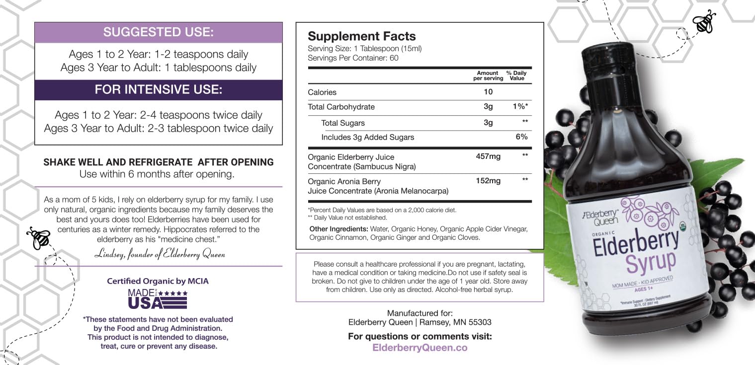 Elderberry Queen Organic Elderberry Syrup 30 Fl Oz - Immune Support Formula with Sambucus Black Elderberry & Aronia Berry - Pure Natural Certified Organic Elderberry Syrup for Kids and Adults