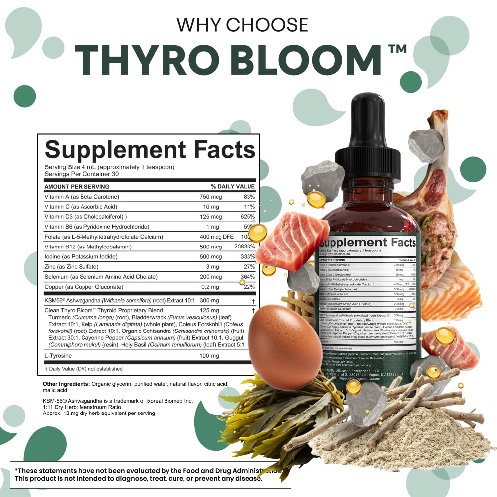 Clean Nutra Thyroid Support Drops Selenium Zinc Iodine L Tyrosine KSM66 Ashwagandha Vitamin D3 B12 A C Turmeric Kelp Schisandra Guggul Cayenne Basil Liquid Supplement Folate Copper Thyro Bloom Drop