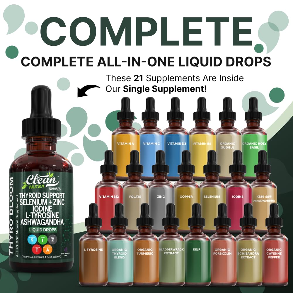 Clean Nutra Thyroid Support Drops Selenium Zinc Iodine L Tyrosine KSM66 Ashwagandha Vitamin D3 B12 A C Turmeric Kelp Schisandra Guggul Cayenne Basil Liquid Supplement Folate Copper Thyro Bloom Drop