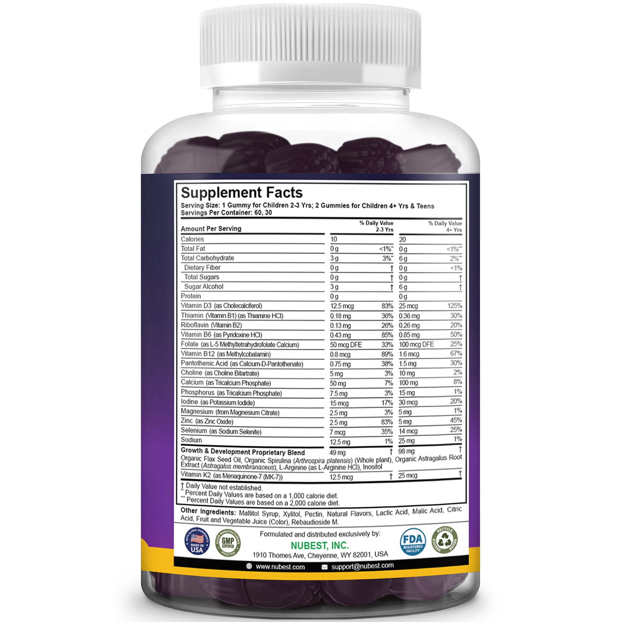 NuBest Tall Gummies for Kids Age 2+ & Teens | Bone Strength, Immunity, Digestive Health with Calcium, Vitamin D3, K2, B Complex, Magnesium, Zinc | 20+ Vitamins Berries Gummies, No Added Sugar