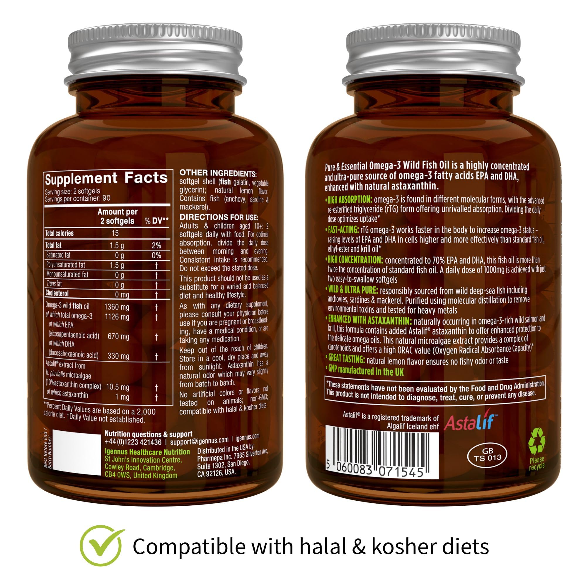 Igennus Ultra Pure Omega 3 Triglyceride rTG Wild Fish Oil 1360mg, IFOS Certified, EPA DHA 1000mg Plus Astaxanthin, Non-GMO, for Men & Women, 180 Softgels