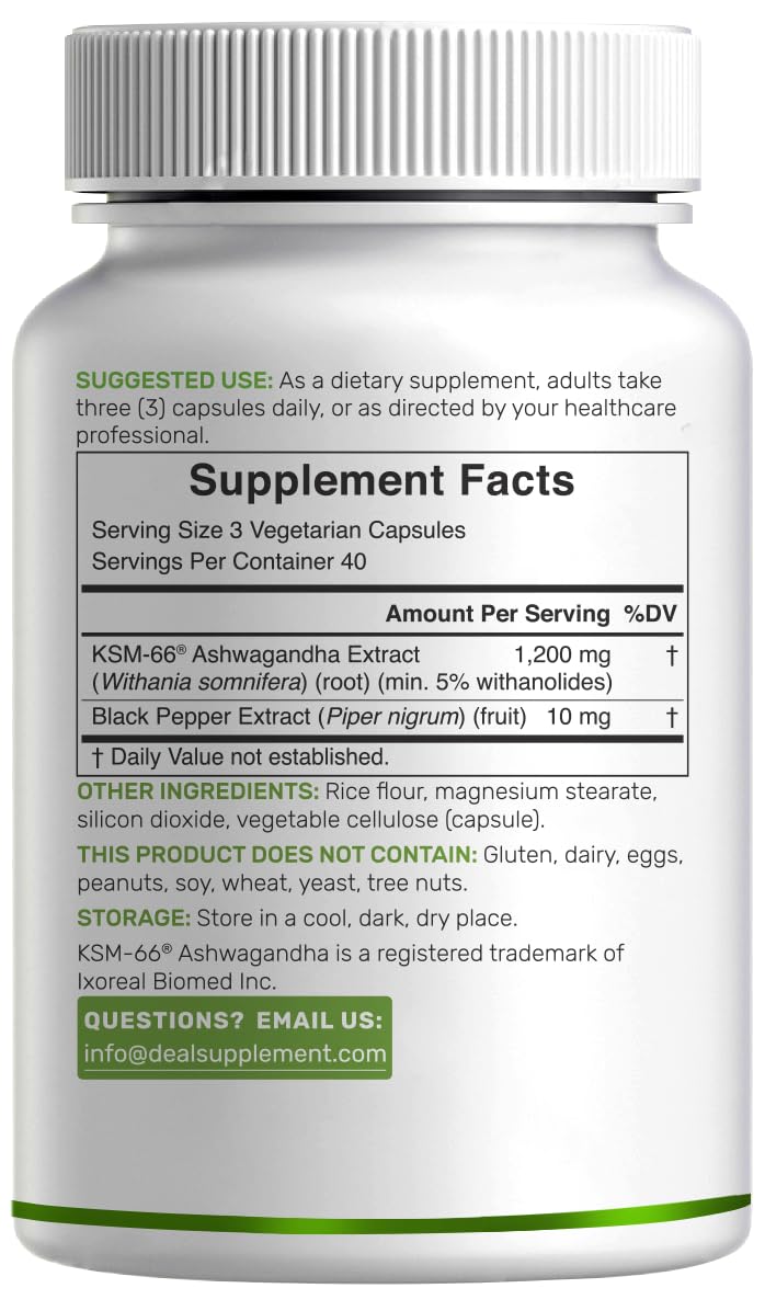 KSM 66 Ashwagandha 1,200mg with Black Pepper, 120 Veggie Capsules – Extra Strength Root Extract – High Absorption – Adaptogenic Supplements for Relaxation, Energy, & Brain Health – Non-GMO