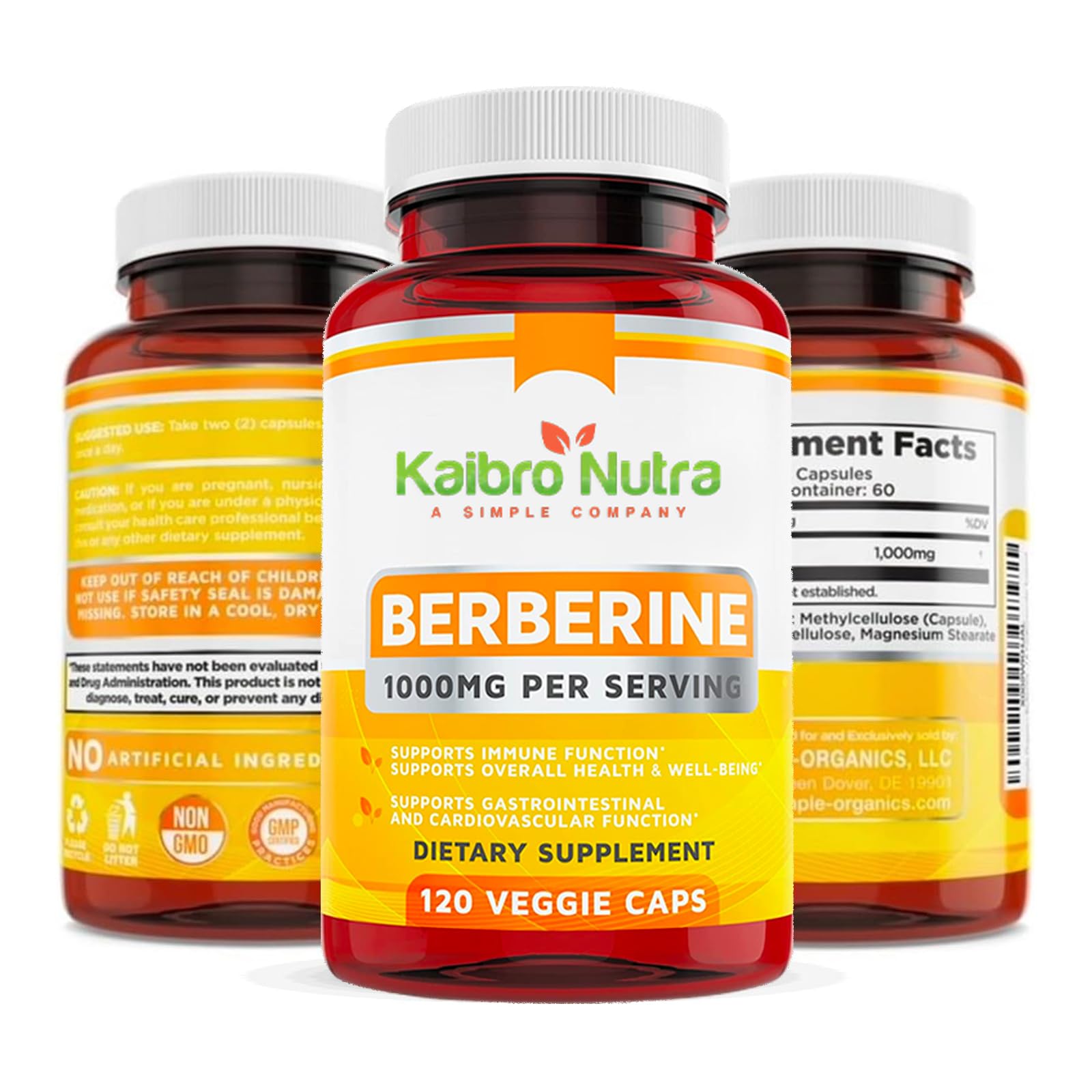 Kaibro Nutra Berberine Supplement 1000mg, Berberine HCL for Immune System, Glucose Support, Circulatory & Gastrointestinal Health, Vegan & Gluten-Free, 120 Capsules