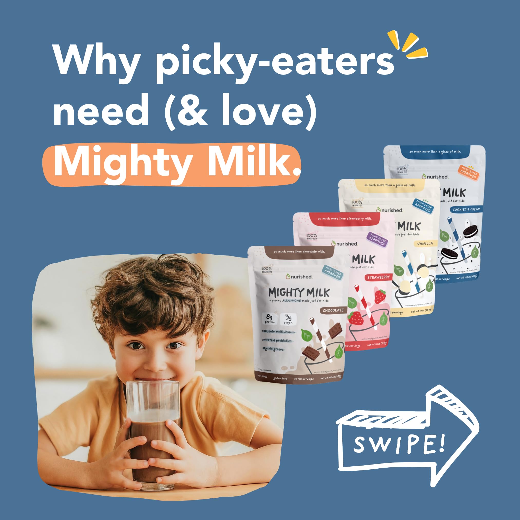 Nurished Mighty Strawberry Milk - Kids All-in-One Daily Protein Powder & Multivitamin Boosted with 2 Billion Probiotics & Organic Spinach - Natural Flavors, Colors & Sweeteners - 15-30 Servings